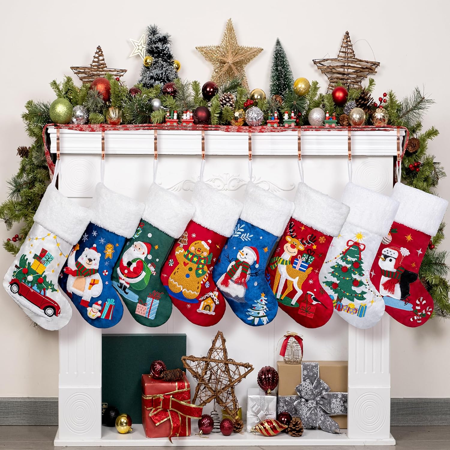 BHD BEAUTY Set of 6 Christmas Stockings Gray Burlap Buffalo Red Plaid Soft Faux Fur 20 Inches Lovely Embroidery Pattern for Family Decorations Hanging Ornament for Xmas Holiday Party