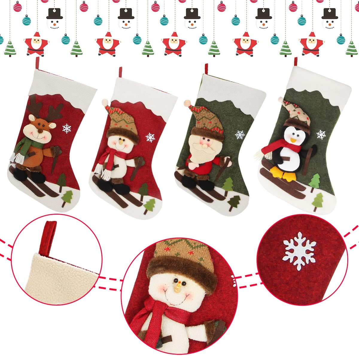 Dreampark Christmas Stockings 4 Pack 18 Big Xmas Stockings Decoration - Santa Snowman Reindeer Penguin Family Stockings for Home Decor Set of 4