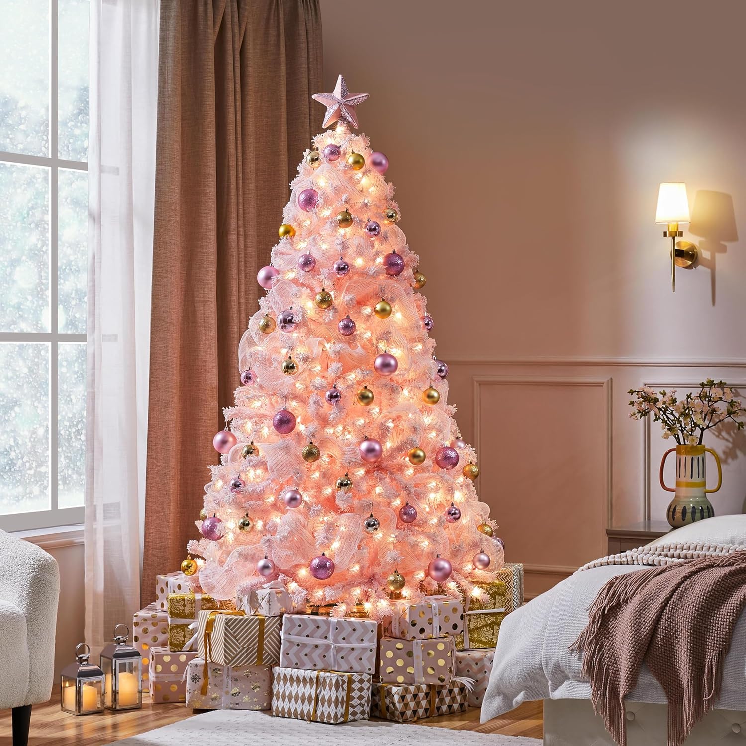 6ft Snow Flocked Pre-lit Christmas Tree with 250 Warm White Lights, 820 Lush Branch Tips & Quick-Assembly Hinged Design, Full Artificial Xmas Tree for Winter Holiday Décor, Green & White