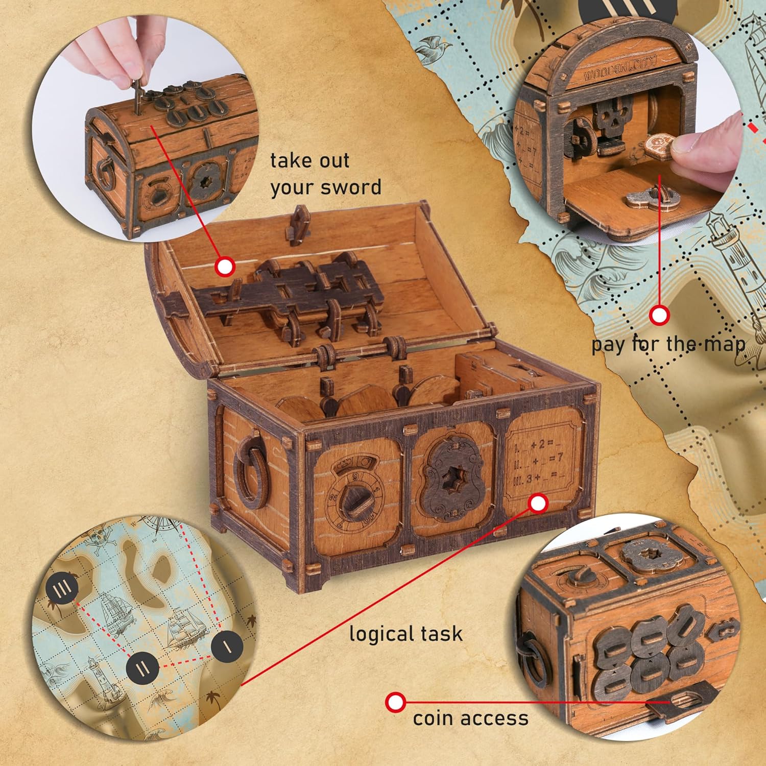 WOODEN.CITY Treasure Chest Puzzle Box for Adults – 3D Wooden Puzzles Mystery Box Brain Teaser & Escape Room Game with Secret Opening (165 Pieces, Gift Idea)