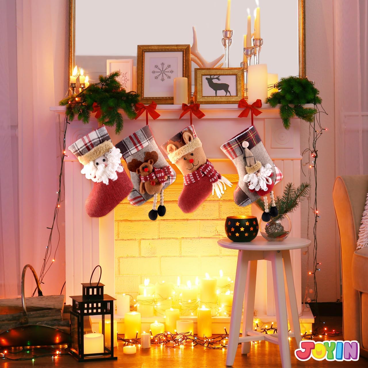 JOYIN 12 Pcs Mini Christmas 3D Bulk Xmas Stockings Santa Snowman Reindeer Burlap Stockings for Present Holders Treat Bags Christmas Tree Decoration Xmas Party Decors