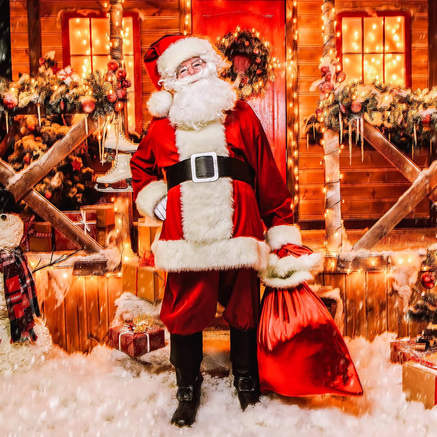 Christmas Santa Costume Set Includes Christmas Santa Hat Beard Wig White Gloves Glasses Present Bag for Xmas Costume