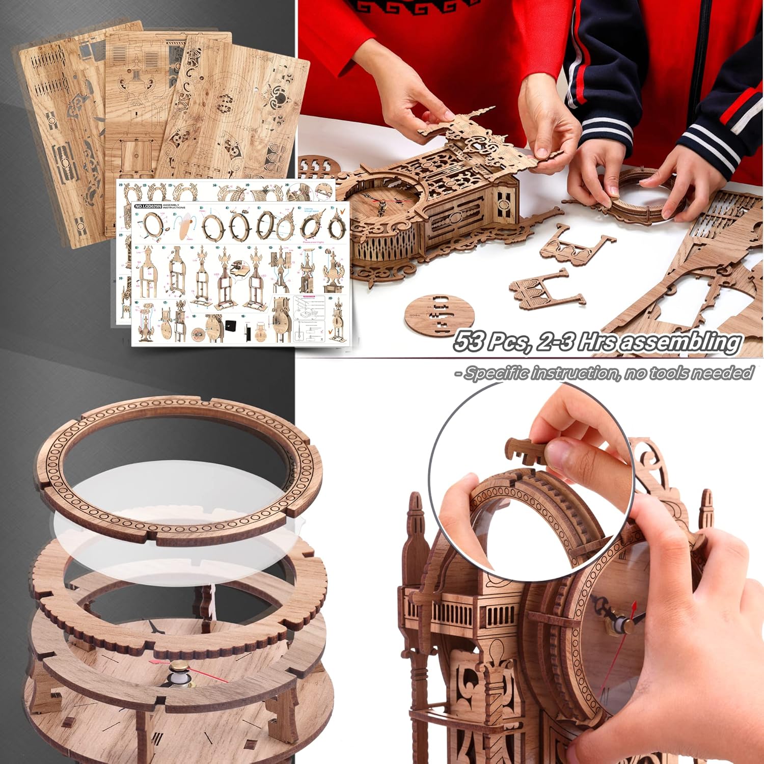 FUNPOLA 3D Wood Puzzle LED Tower Clock, 3D Puzzle Building Desktop Clock Model DIY Architectural Building Blocks (LED-TC01 Wood)