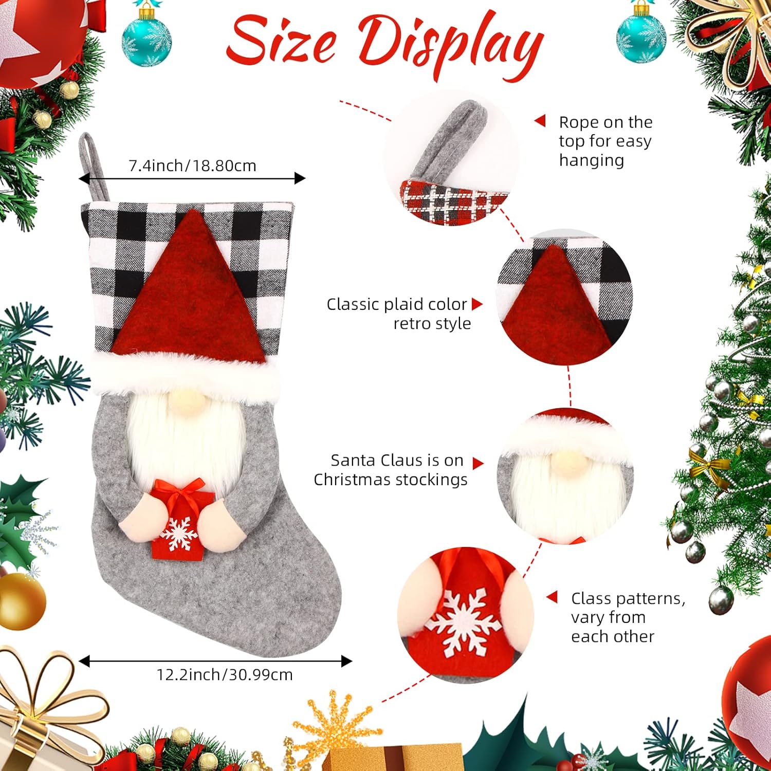 Meajore 2 Pcs Christmas Stockings New Set, 3D Gnomes Santa Christmas Stockings Personalized (18inch) Soft Classic Red and Grey Fireplace Hanging for Family Holiday Xmas Party Decorations