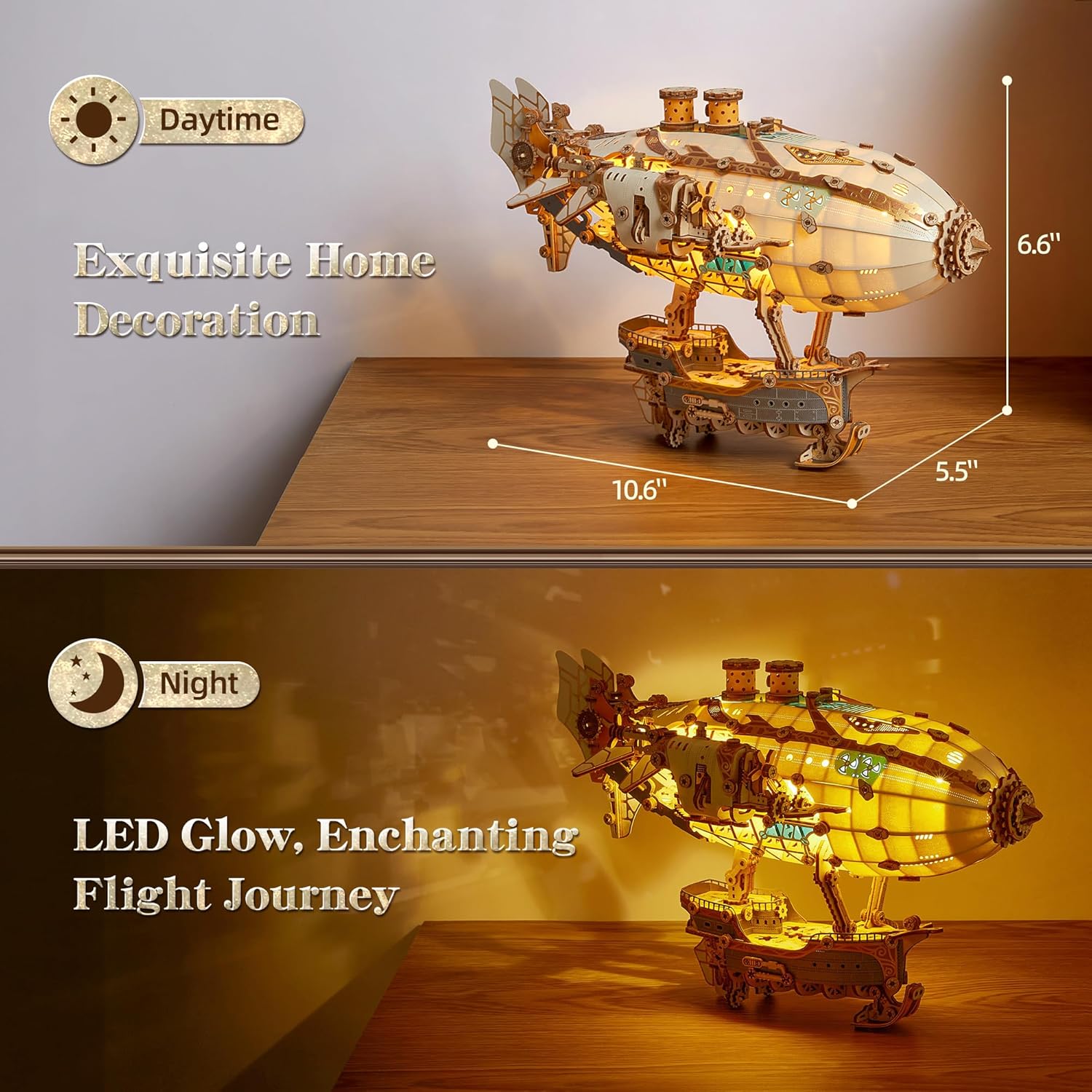 FUNPOLA LED 3D Wood Puzzle Fantasy Airship Model - Steampunk DIY Craft Kit with LED Lights – Intricate Wooden Airship Model Building Set for Teens and Adults(White)