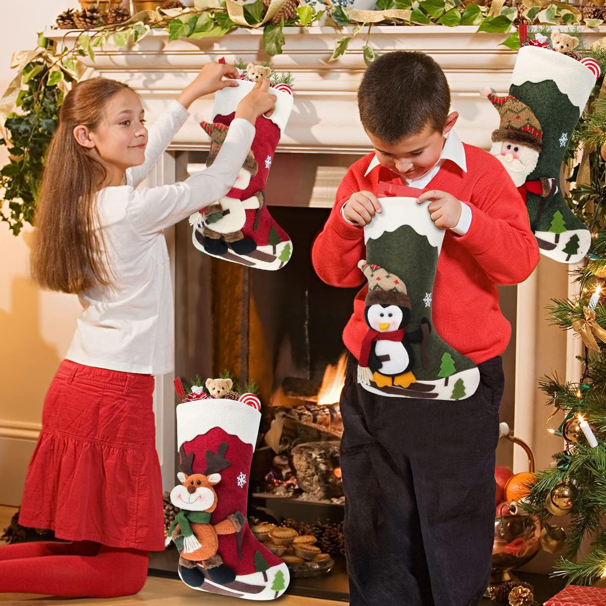 Dreampark Christmas Stockings 4 Pack 18 Big Xmas Stockings Decoration - Santa Snowman Reindeer Penguin Family Stockings for Home Decor Set of 4