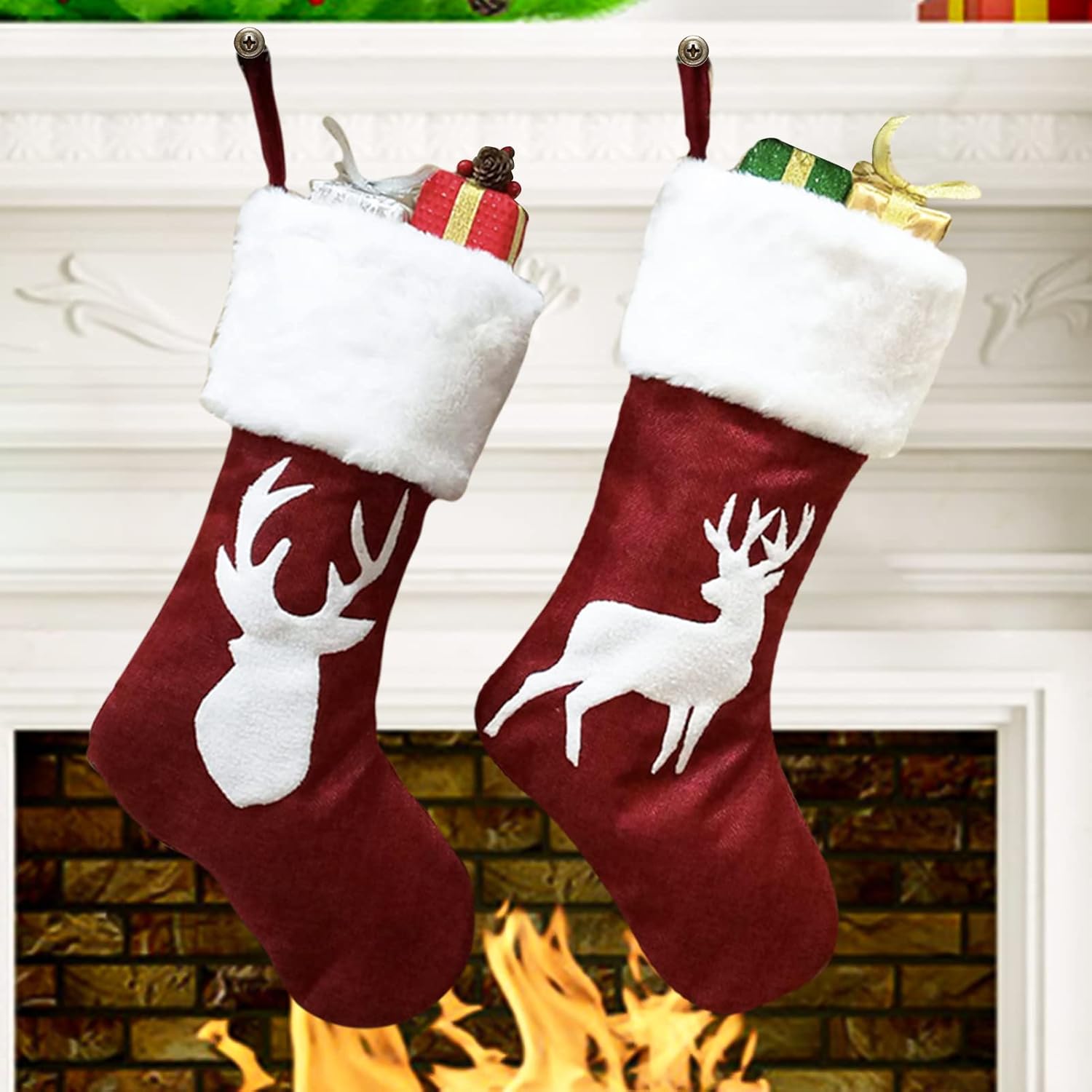 Meajore 2 Pcs Christmas Stockings New Set, 3D Gnomes Santa Christmas Stockings Personalized (18inch) Soft Classic Red and Grey Fireplace Hanging for Family Holiday Xmas Party Decorations