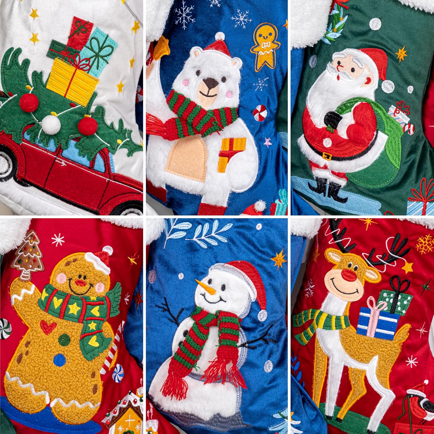 BHD BEAUTY Set of 6 Christmas Stockings Gray Burlap Buffalo Red Plaid Soft Faux Fur 20 Inches Lovely Embroidery Pattern for Family Decorations Hanging Ornament for Xmas Holiday Party