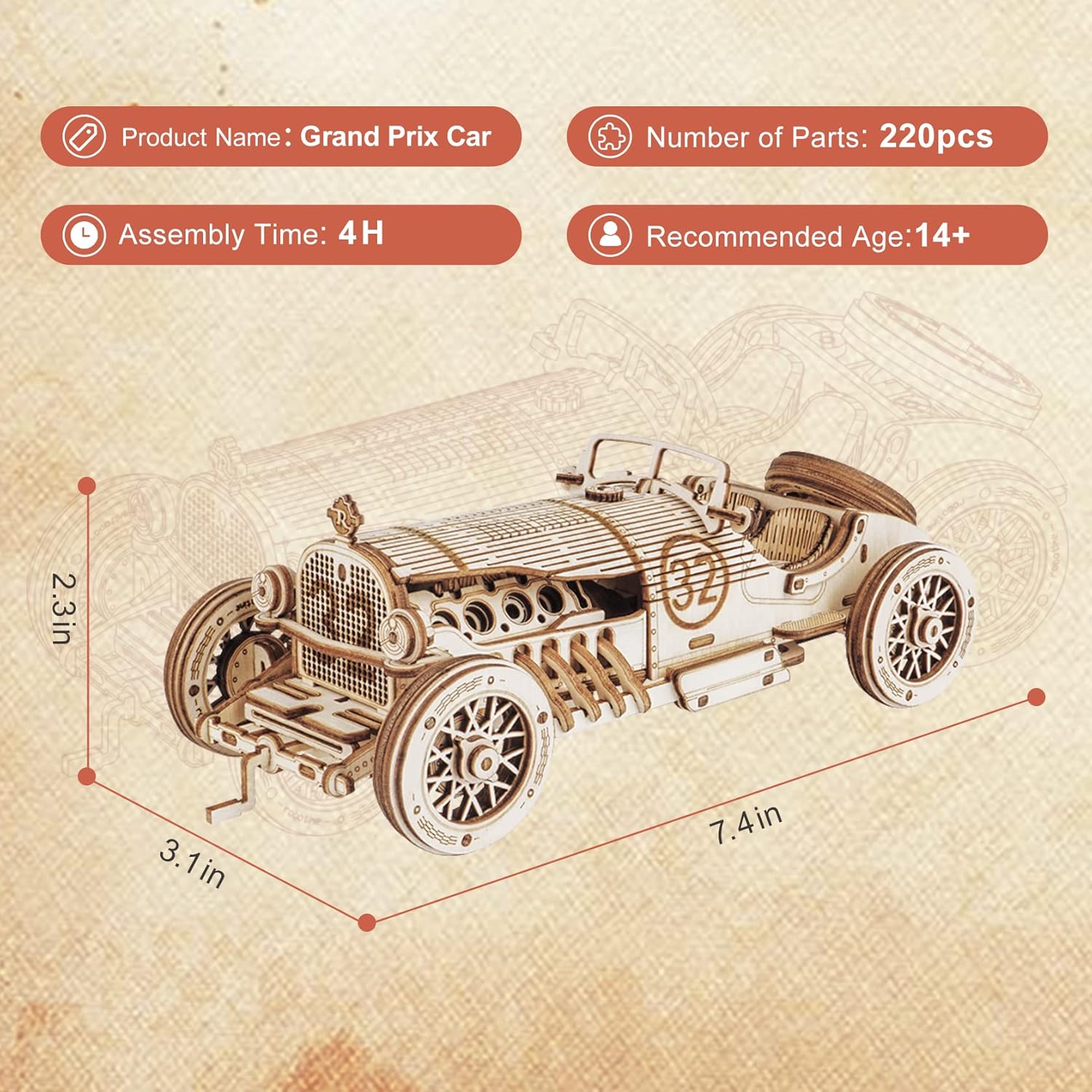 ROKR Model Car Kits Wooden 3D Puzzles Model Building Kits for Adults to Build-Educational Brain Teaser Assembly Model, Desk Decor/DIY Hobbies/Gifts for Teens&Kid (Prime Steam Express/12.1*2.7*3.3)