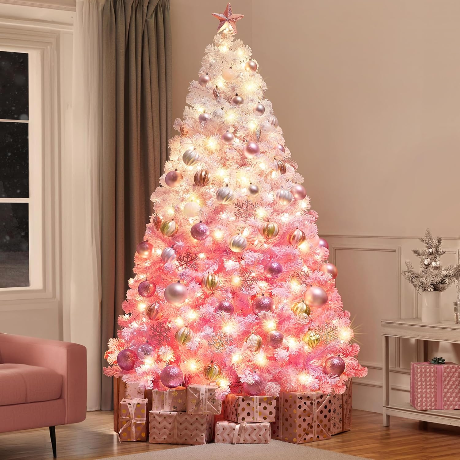 6ft Snow Flocked Pre-lit Christmas Tree with 250 Warm White Lights, 820 Lush Branch Tips & Quick-Assembly Hinged Design, Full Artificial Xmas Tree for Winter Holiday Décor, Green & White