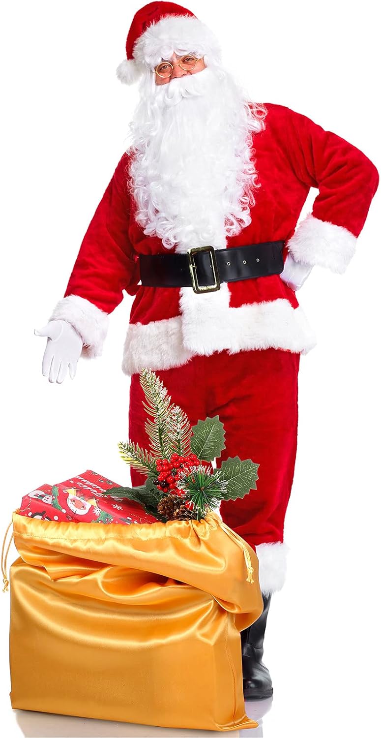 Christmas Santa Costume Set Includes Christmas Santa Hat Beard Wig White Gloves Glasses Present Bag for Xmas Costume