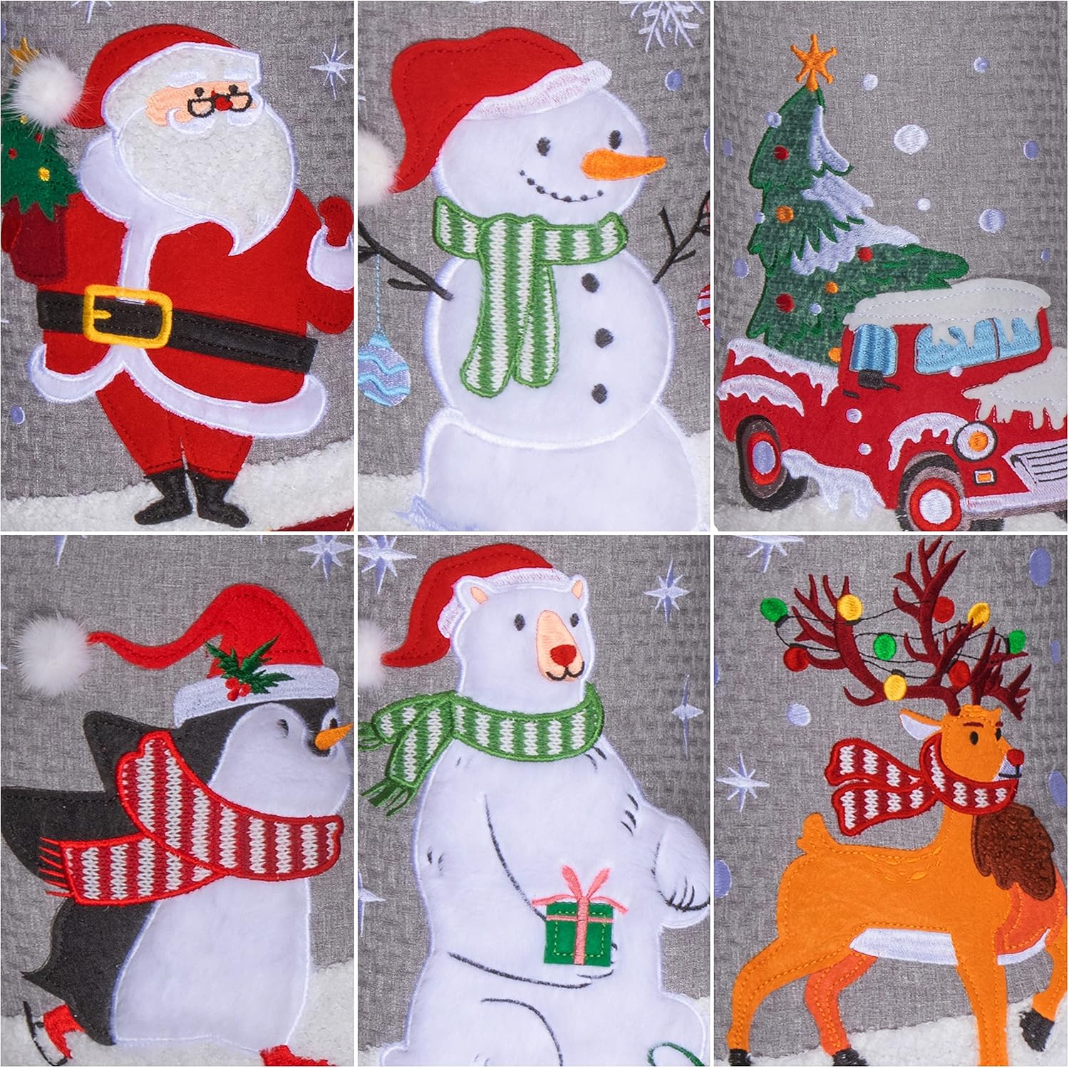 BHD BEAUTY Set of 6 Christmas Stockings Gray Burlap Buffalo Red Plaid Soft Faux Fur 20 Inches Lovely Embroidery Pattern for Family Decorations Hanging Ornament for Xmas Holiday Party