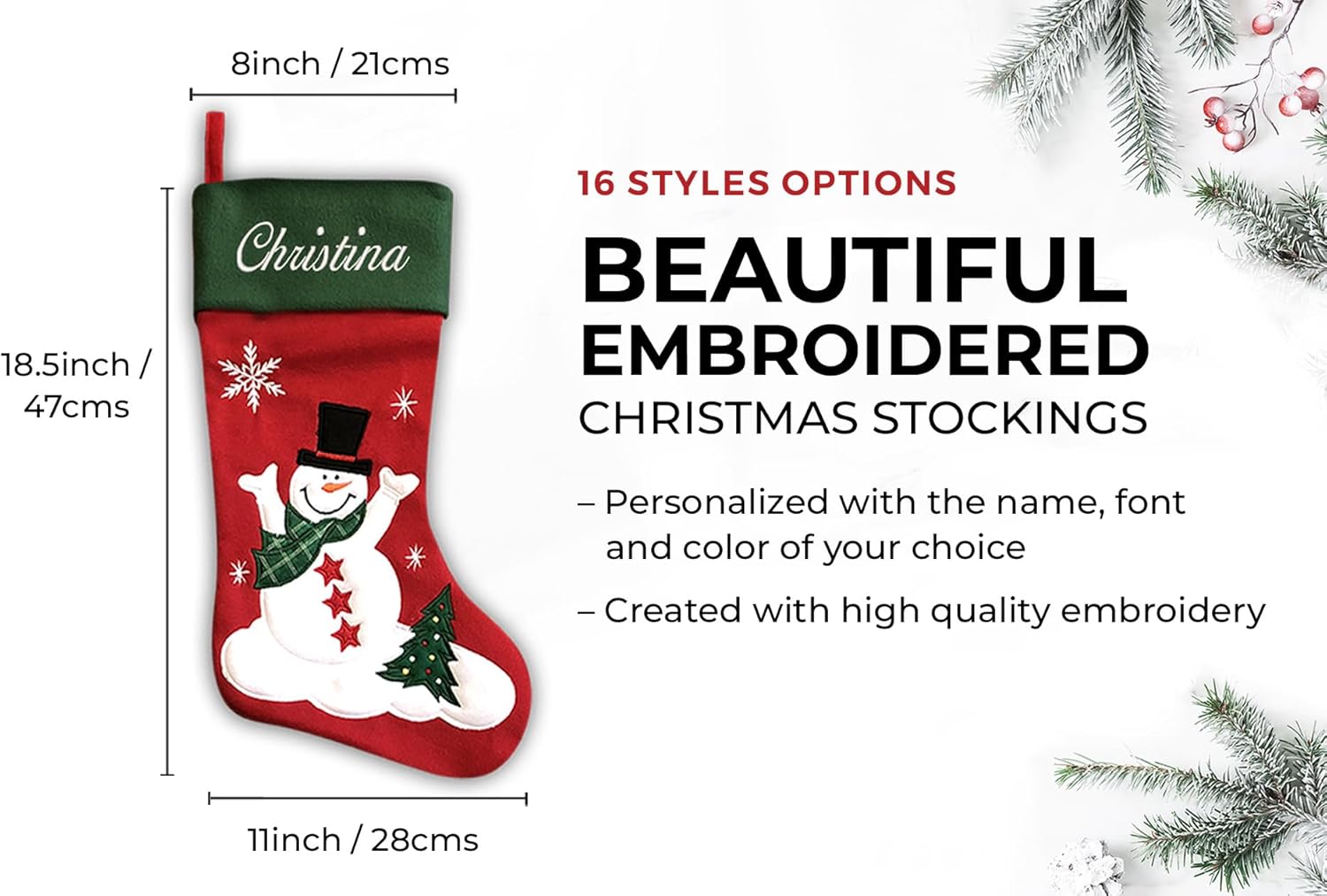 Personalized Christmas Stocking - Santa Stocking - Embroidered Name - Large 18.5inch, Traditional Red and Green, Family Holiday Season Decor