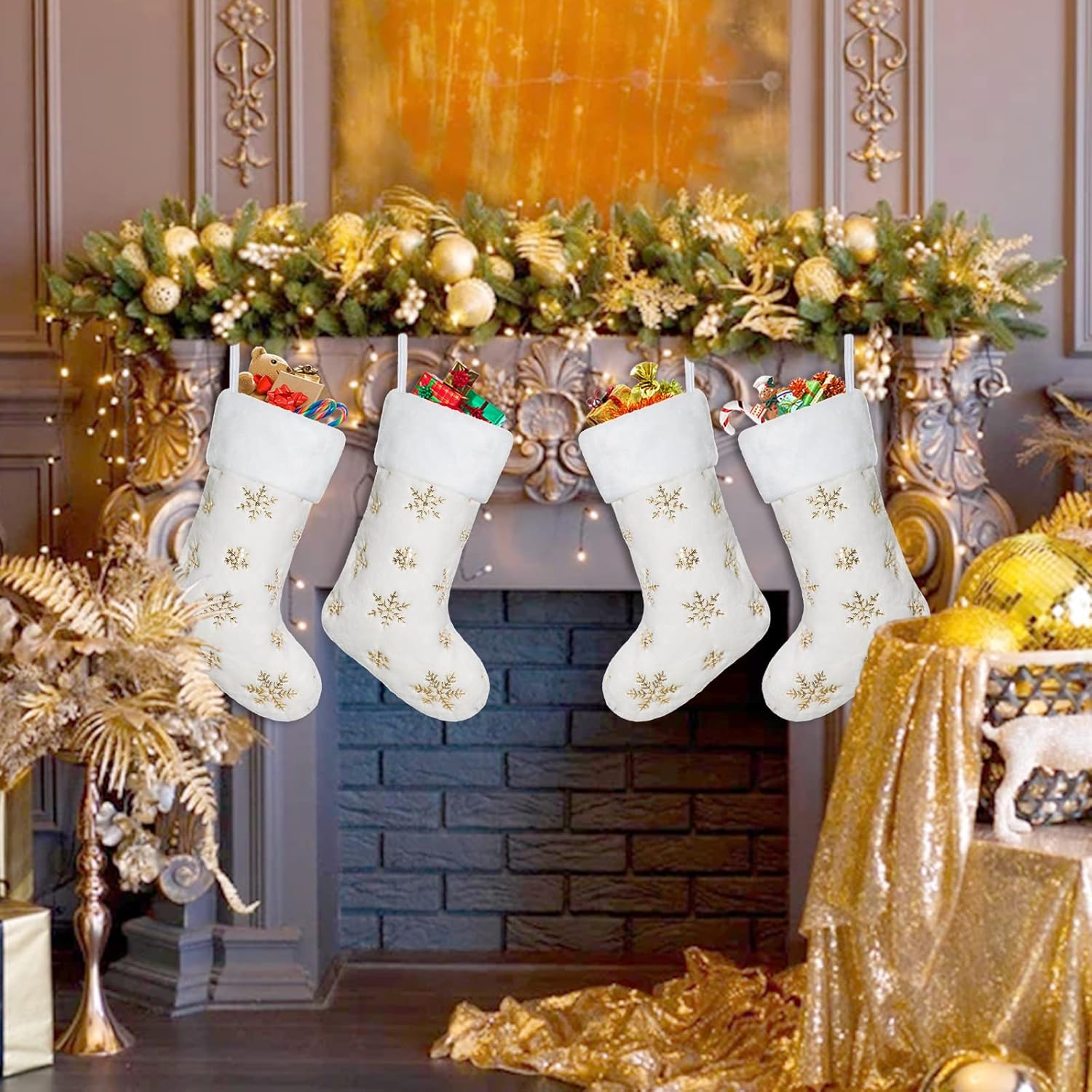 Dremisland 4 Pack Christmas Stockings - 20 Inch Cream White Faux Fur Xmas Stockings with Silver Sequin Snowflakes Super Soft Thick Plush Xmas Stockings for Christmas Decoration Holiday Decor (Sliver)