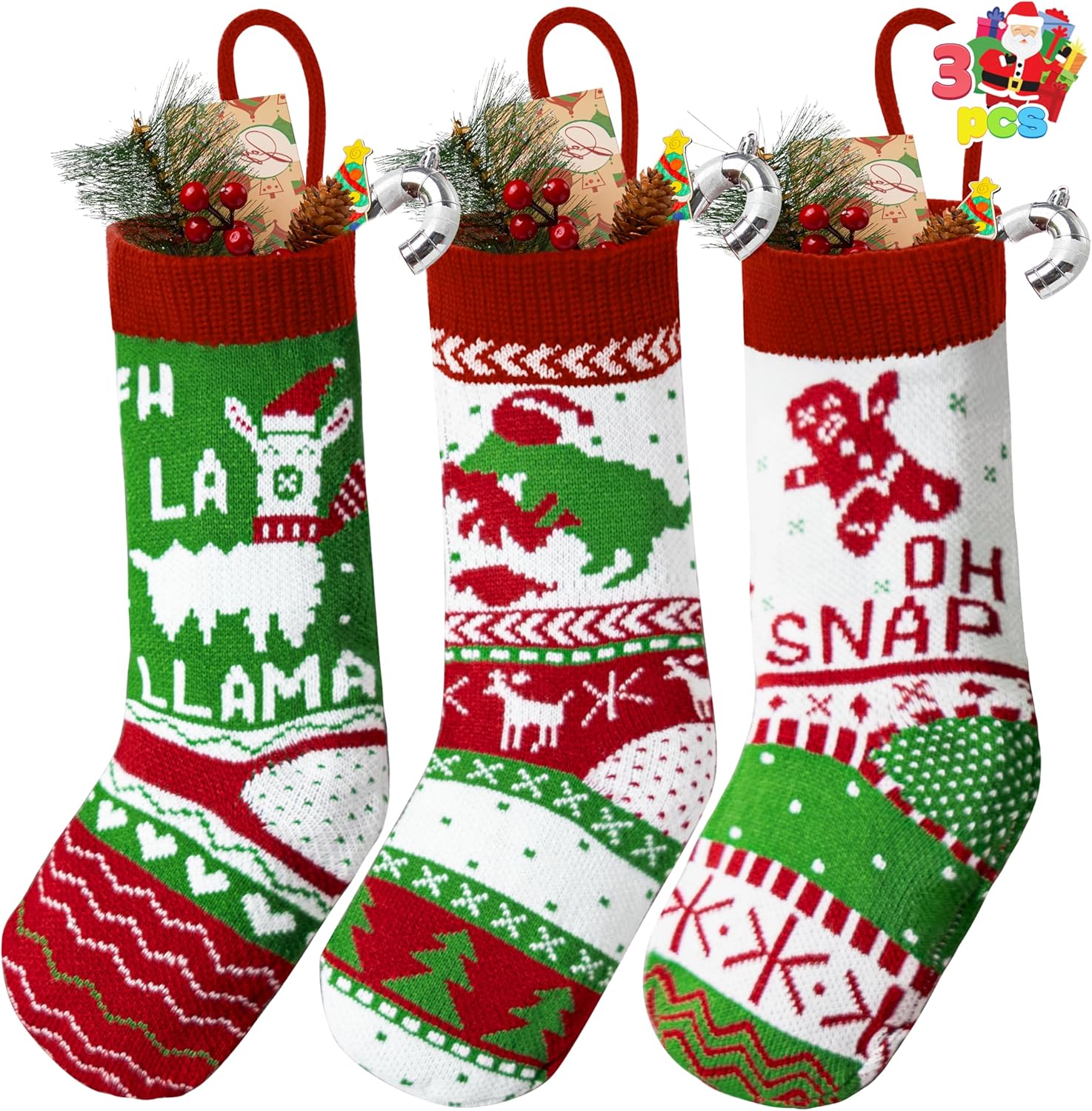 JOYIN 3 Pack 18” Christmas Stockings, Large Size Rustic Cable Knit Xmas Stocking in Red & Green, for Family Holiday Season Decorations