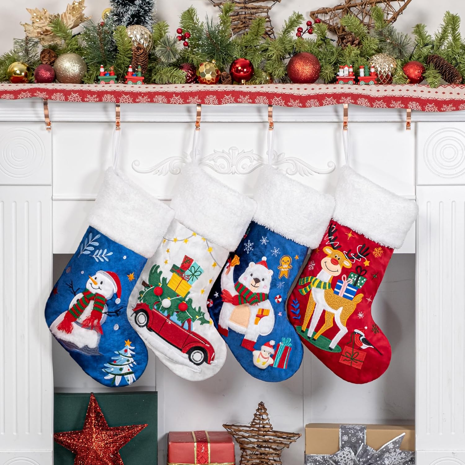 BHD BEAUTY Set of 6 Christmas Stockings Gray Burlap Buffalo Red Plaid Soft Faux Fur 20 Inches Lovely Embroidery Pattern for Family Decorations Hanging Ornament for Xmas Holiday Party