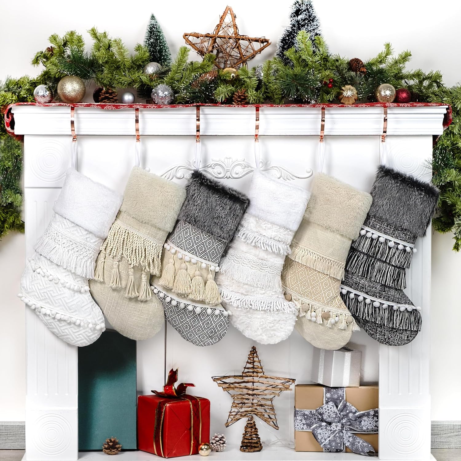 BHD BEAUTY Set of 6 Christmas Stockings Gray Burlap Buffalo Red Plaid Soft Faux Fur 20 Inches Lovely Embroidery Pattern for Family Decorations Hanging Ornament for Xmas Holiday Party