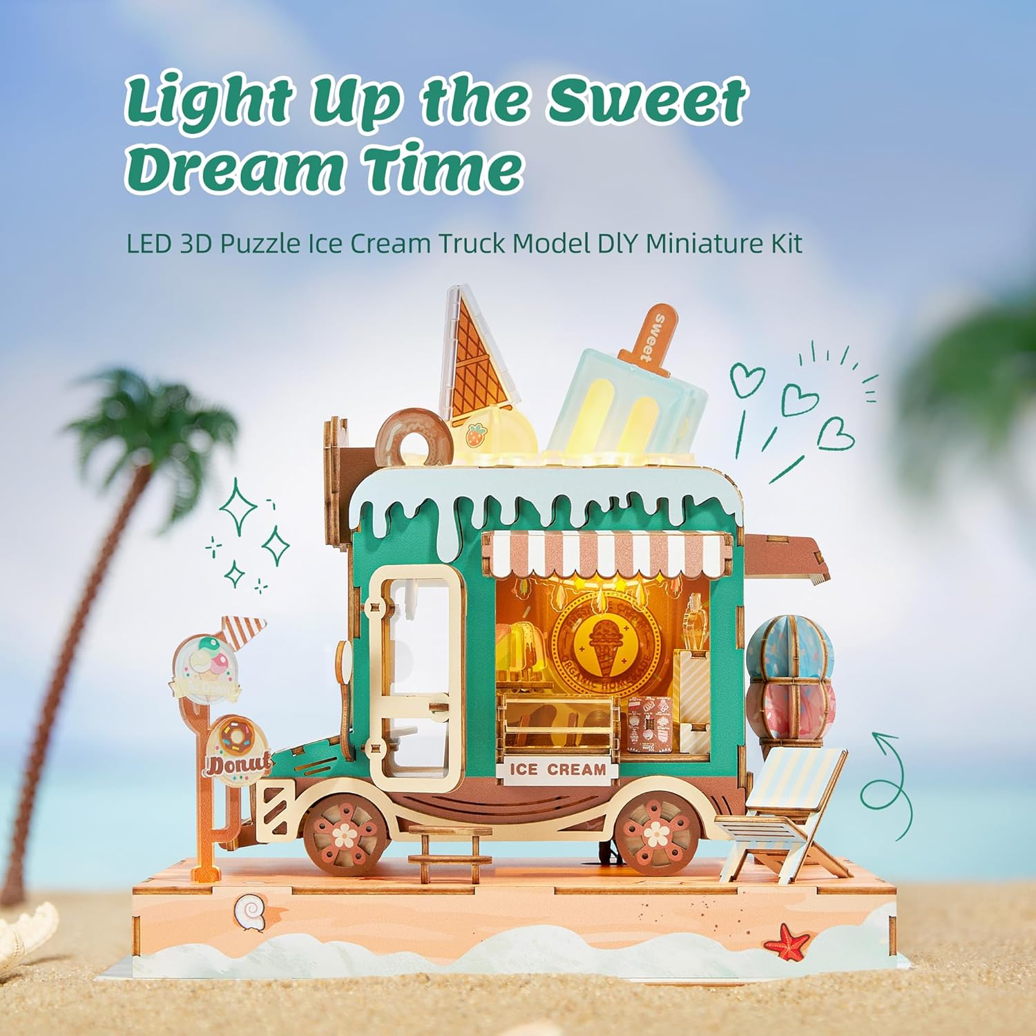 FUNPOLA 3D Wood Puzzle Travel Truck Model - DIY Miniature Adventure Truck Kit with LED Lights - Creative Gift for Kids and Adults(Travel Truck)