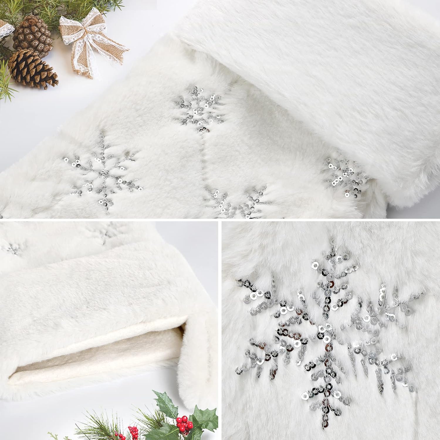 Dremisland 4 Pack Christmas Stockings - 20 Inch Cream White Faux Fur Xmas Stockings with Silver Sequin Snowflakes Super Soft Thick Plush Xmas Stockings for Christmas Decoration Holiday Decor (Sliver)