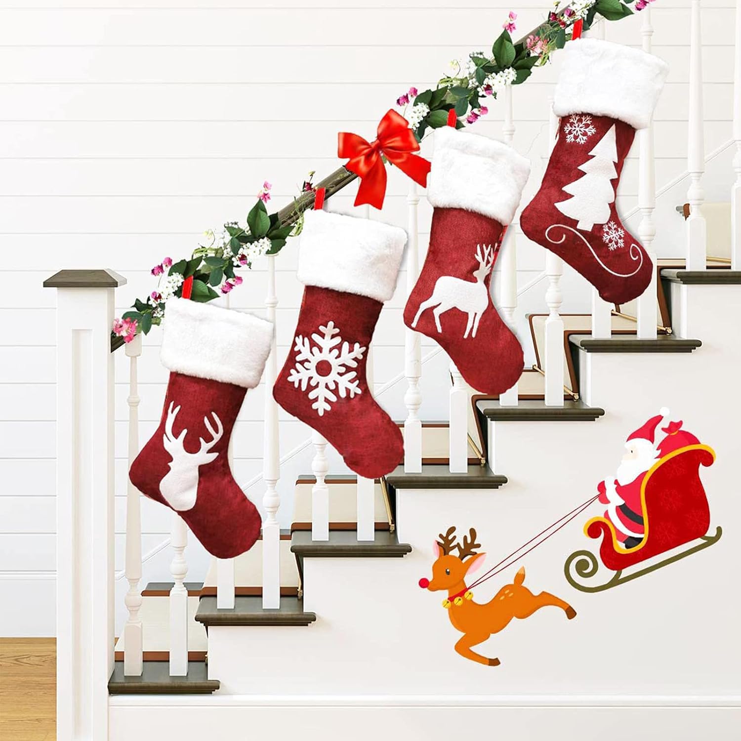 Meajore 2 Pcs Christmas Stockings New Set, 3D Gnomes Santa Christmas Stockings Personalized (18inch) Soft Classic Red and Grey Fireplace Hanging for Family Holiday Xmas Party Decorations