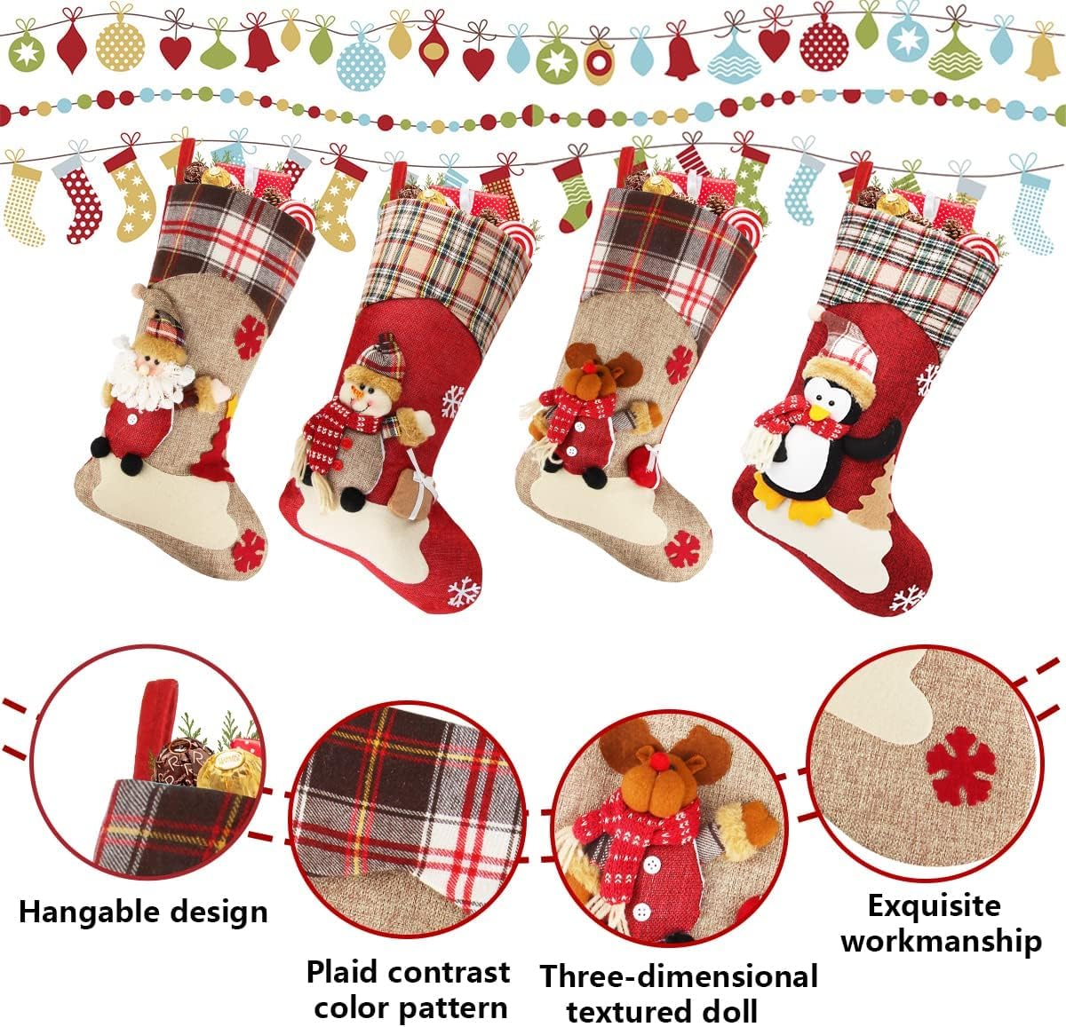 Dreampark Christmas Stockings Bulk 4 Pcs - 18 Classic Xmas Stockings Set of 4 - Santa Snowman Reindeer Penguin Christmas Stocking Decorations Home Decor Party Supplies & Kids Gifts