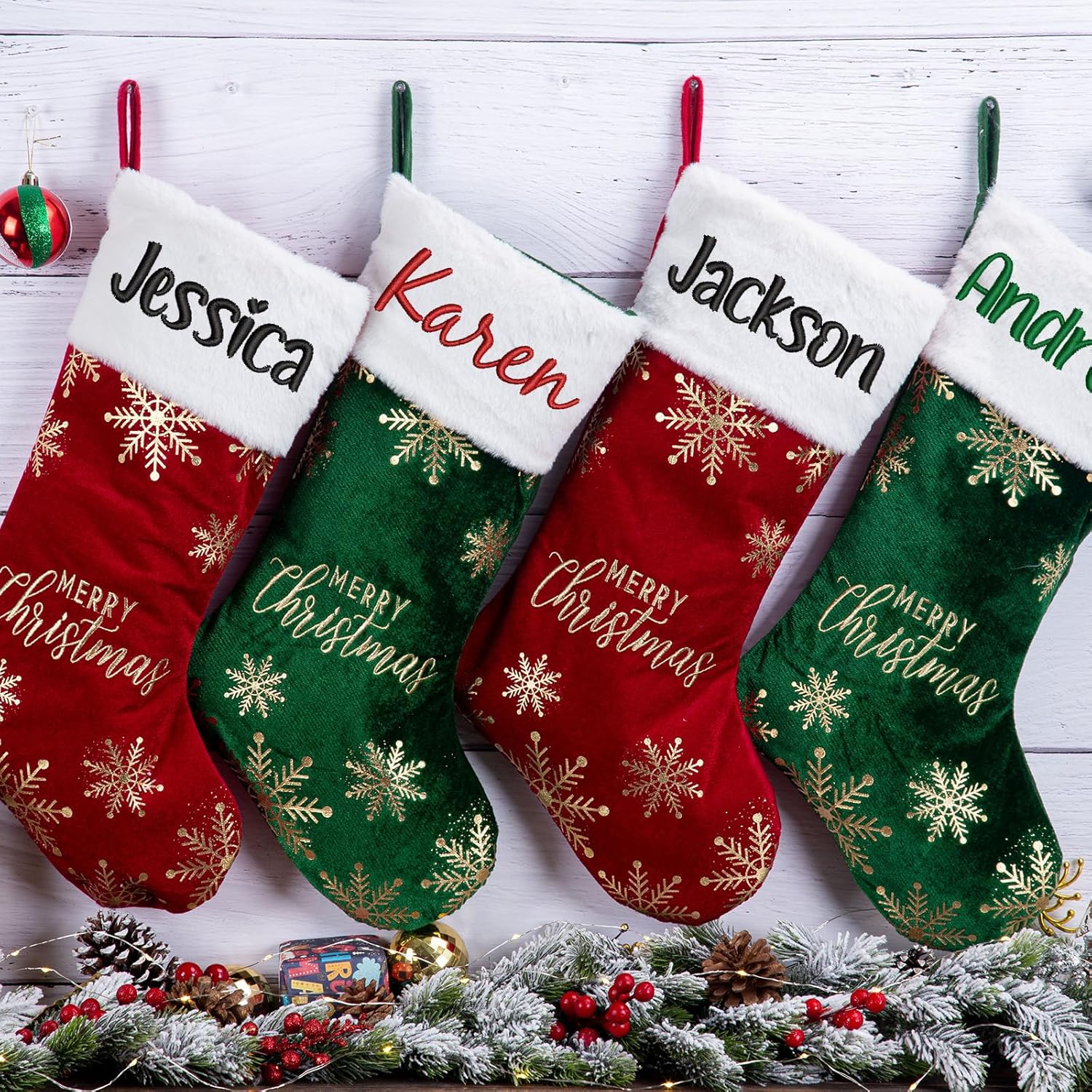 Flycalf Velvet Christmas Stockings 6 Pack Large 20 Inches with Hanging Loop Embroidery Classic Luxury Family Ornament Fireplace Hanging Stockings for Christmas Decorations