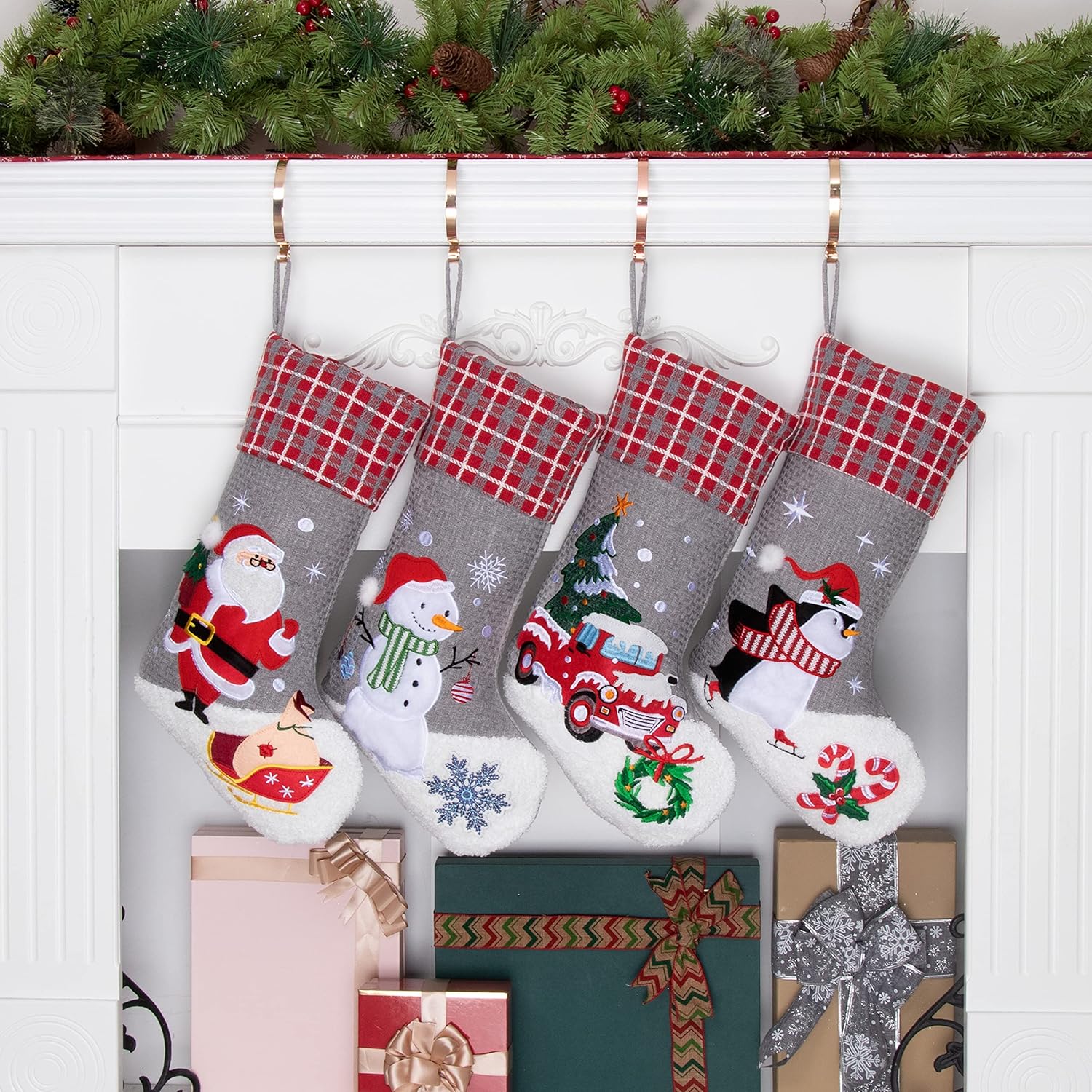 BHD BEAUTY Set of 6 Christmas Stockings Gray Burlap Buffalo Red Plaid Soft Faux Fur 20 Inches Lovely Embroidery Pattern for Family Decorations Hanging Ornament for Xmas Holiday Party