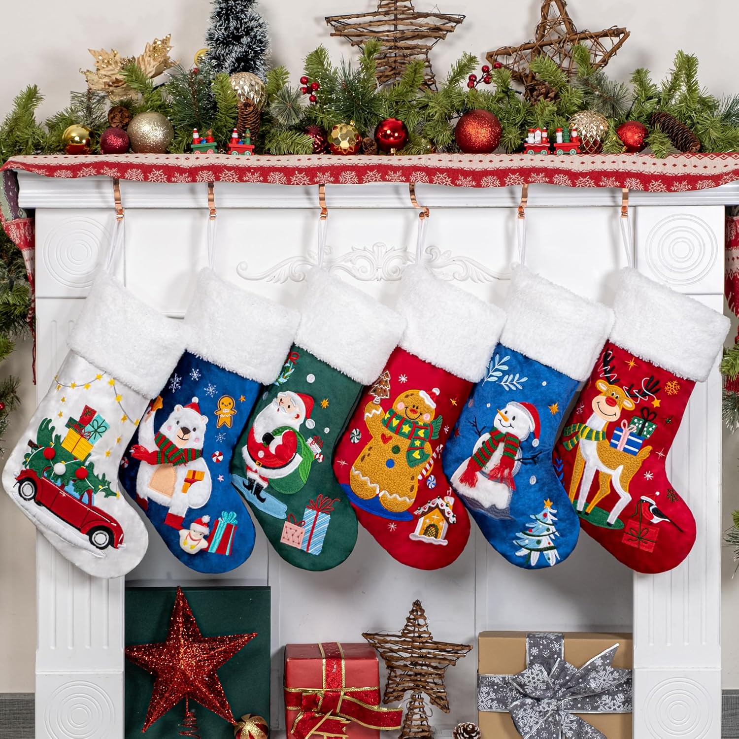 BHD BEAUTY Set of 6 Christmas Stockings Gray Burlap Buffalo Red Plaid Soft Faux Fur 20 Inches Lovely Embroidery Pattern for Family Decorations Hanging Ornament for Xmas Holiday Party