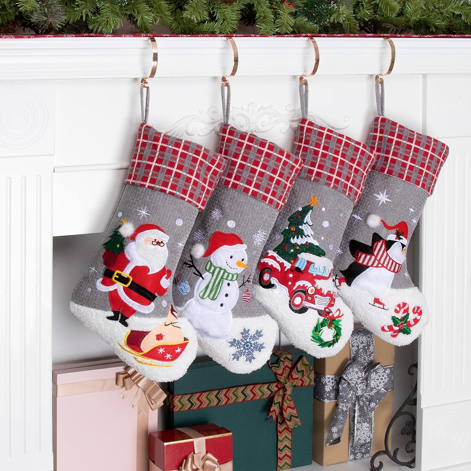 BHD BEAUTY Set of 6 Christmas Stockings Gray Burlap Buffalo Red Plaid Soft Faux Fur 20 Inches Lovely Embroidery Pattern for Family Decorations Hanging Ornament for Xmas Holiday Party