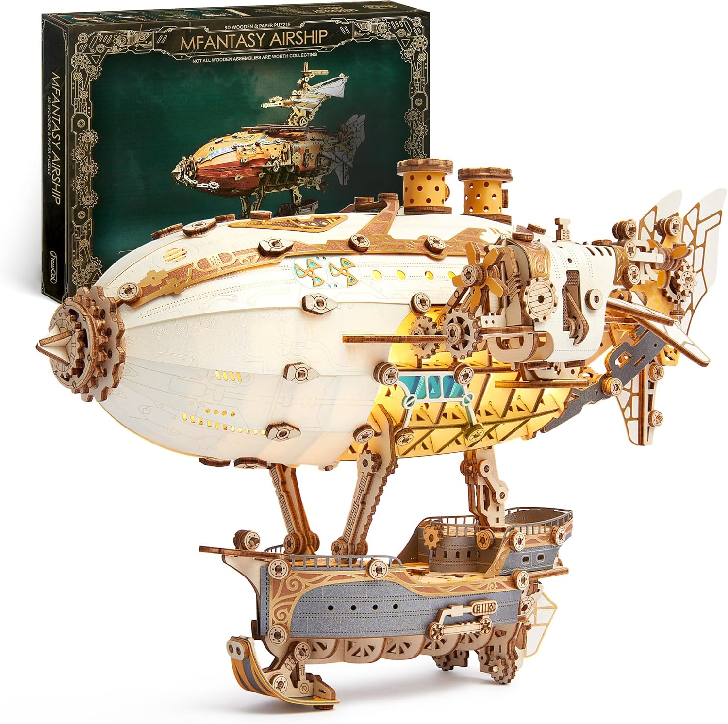 FUNPOLA LED 3D Wood Puzzle Fantasy Airship Model - Steampunk DIY Craft Kit with LED Lights – Intricate Wooden Airship Model Building Set for Teens and Adults(White)