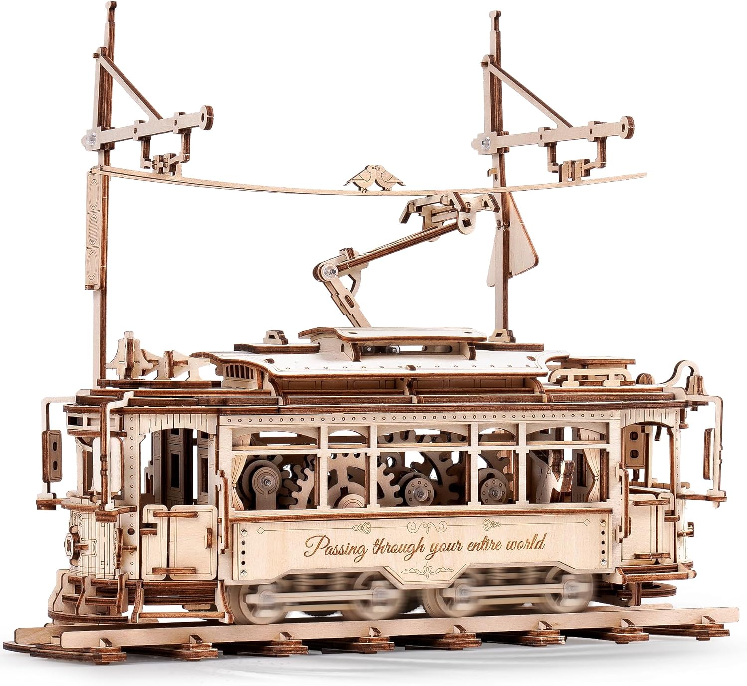 ROKR Rompecabezas de madera 3D, kits de autos para adultos, juego de tren de tranvía de juguete de madera con ferrocarril, rompecabezas 3D de madera para adultos, idea de regalo para Navidad, Día del