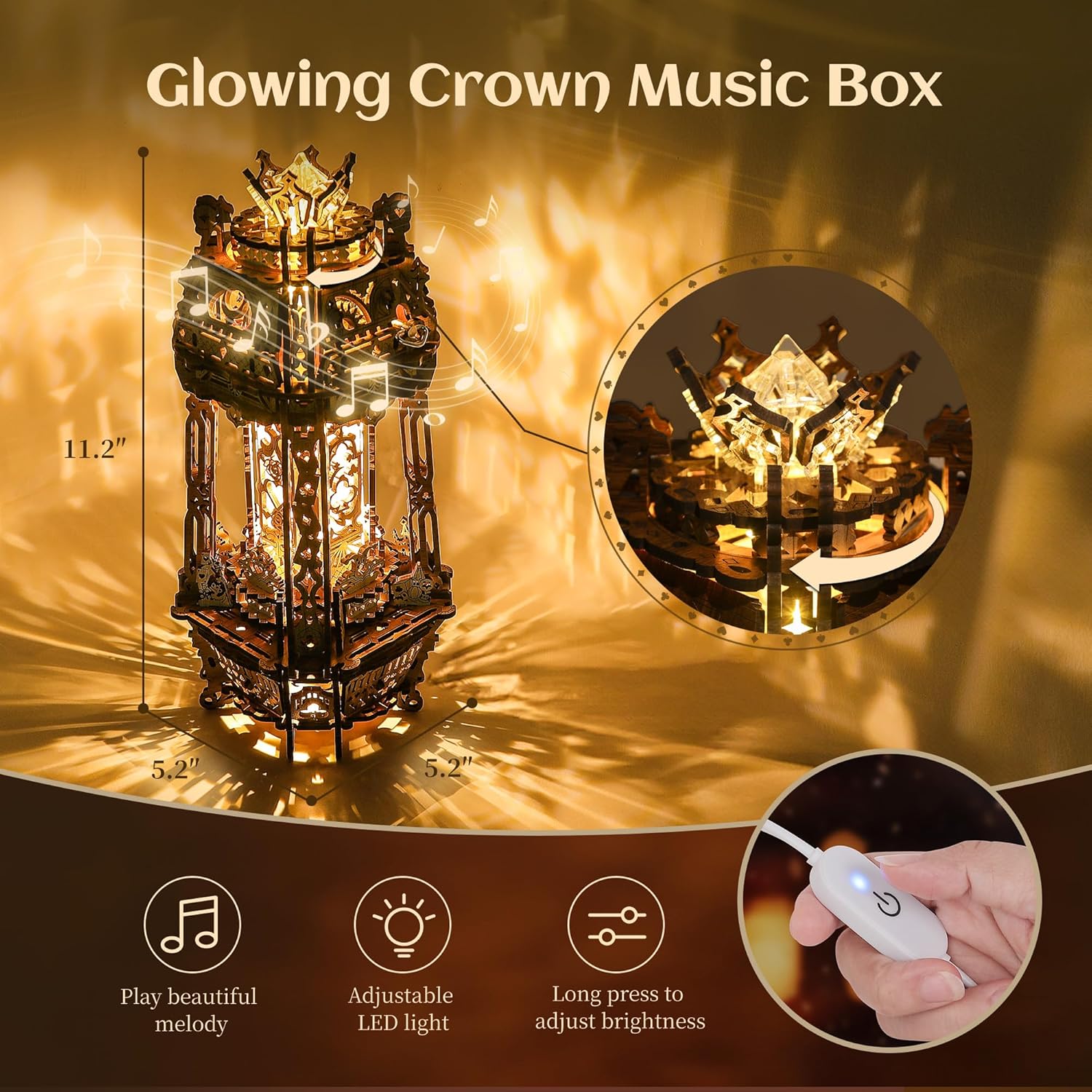 FUNPOLA LED 3D Wood Puzzle Poker World Projector Lamp – DIY Craft Kit with LED Lights and Music Box – Creative Poker-Themed Lamp, Nightlight Gift for Home Décor (Black Walnut)