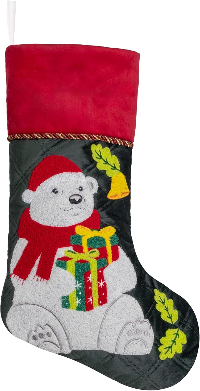 BHD BEAUTY Set of 6 Christmas Stockings Gray Burlap Buffalo Red Plaid Soft Faux Fur 20 Inches Lovely Embroidery Pattern for Family Decorations Hanging Ornament for Xmas Holiday Party