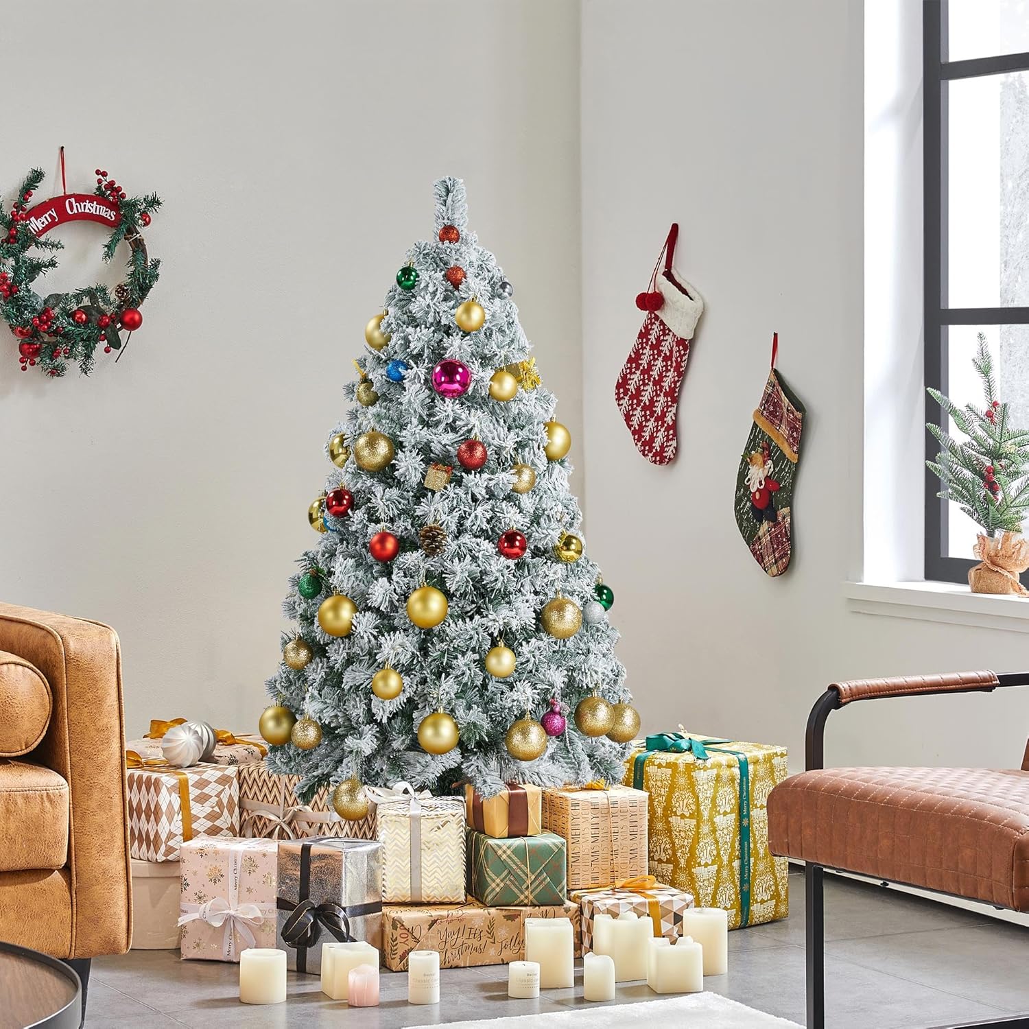 6ft Snow Flocked Pre-lit Christmas Tree with 250 Warm White Lights, 820 Lush Branch Tips & Quick-Assembly Hinged Design, Full Artificial Xmas Tree for Winter Holiday Décor, Green & White