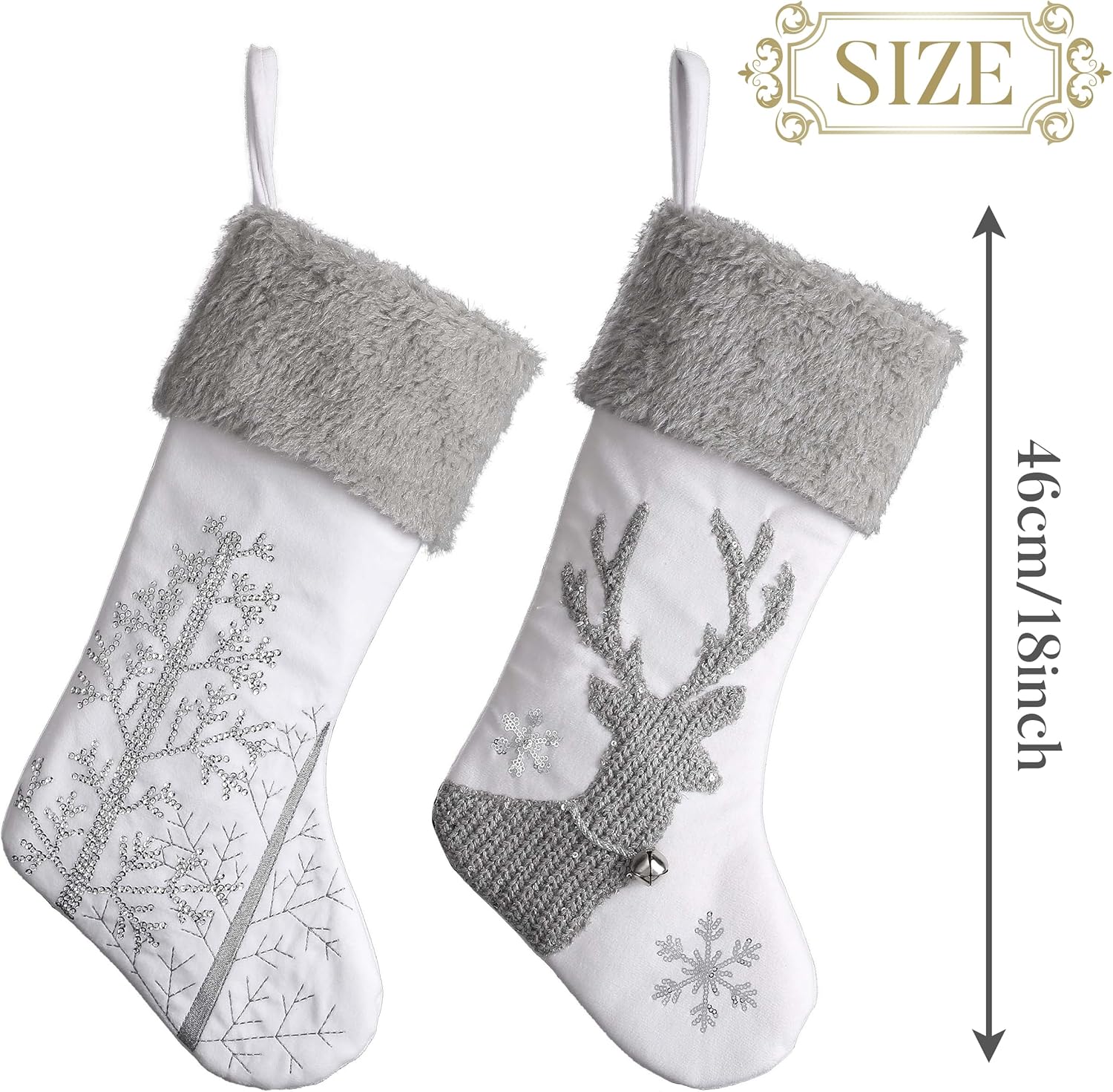 Valery Madelyn Christmas Stockings Decorations, 21 Inch Fabric 2 Pack Silver White Elk Embroidery Plush Personalized Fireplace Hanging Ornament for Holiday Xmas Party Decor