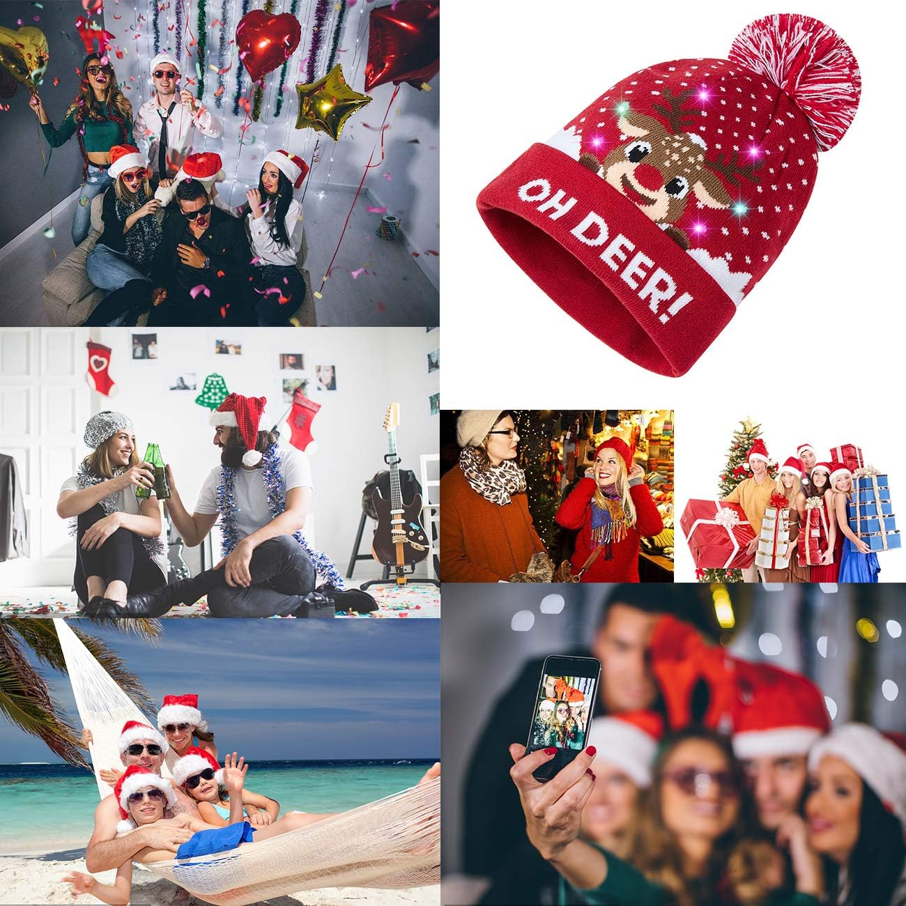 Unisex Ugly LED Christmas Hat Novelty Colorful Light-up Stylish Knitted Sweater Xmas Party Beanie Cap(6 Lights)