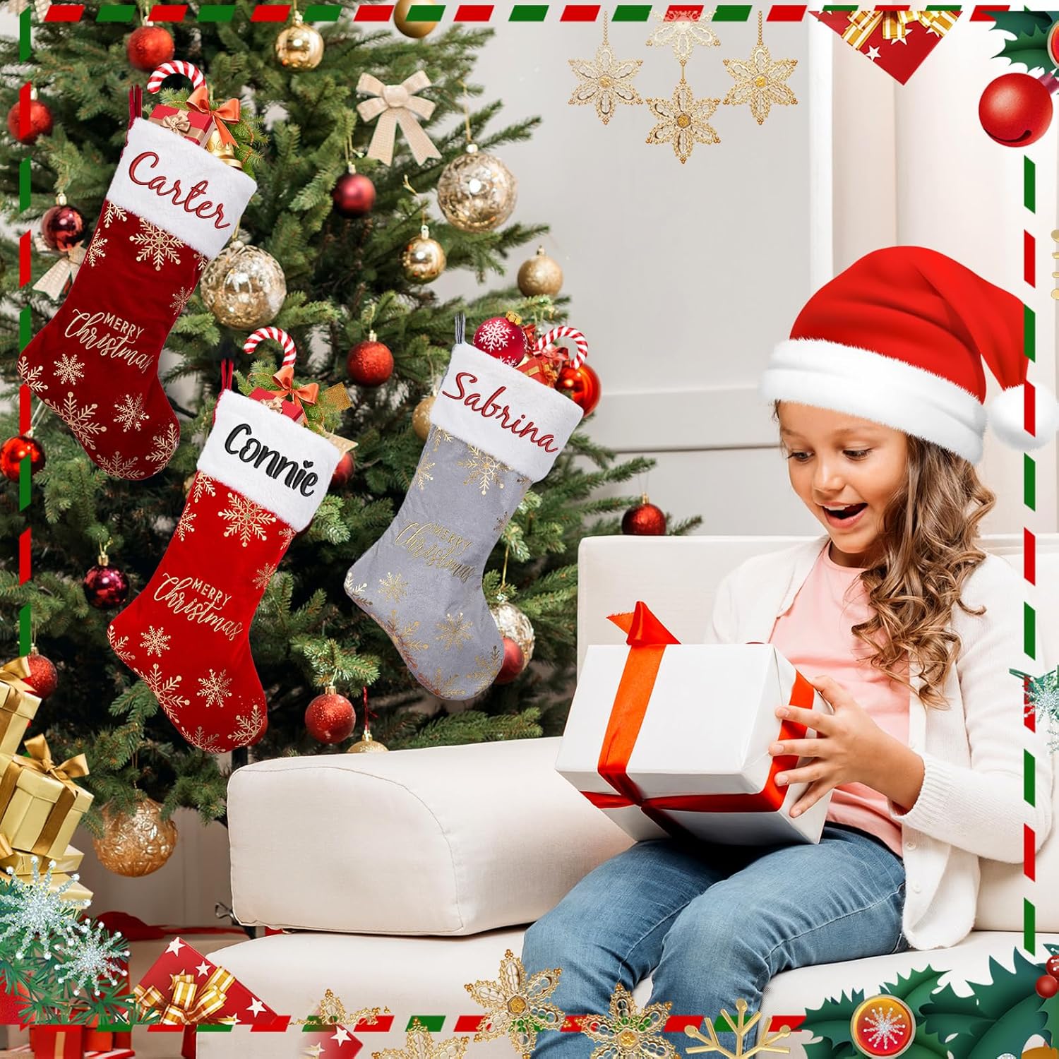 Flycalf Velvet Christmas Stockings 6 Pack Large 20 Inches with Hanging Loop Embroidery Classic Luxury Family Ornament Fireplace Hanging Stockings for Christmas Decorations