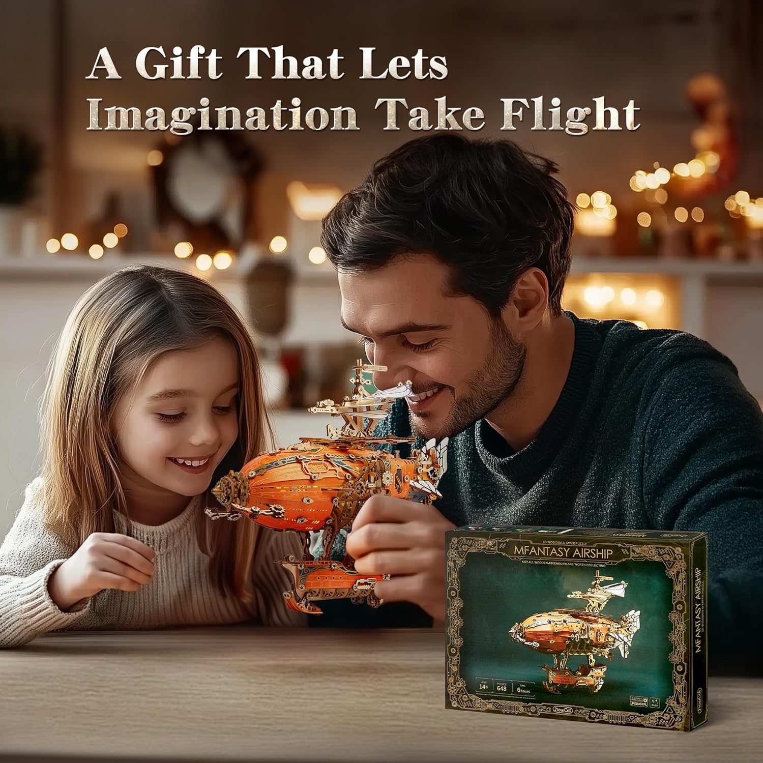 FUNPOLA LED 3D Wood Puzzle Fantasy Airship Model - Steampunk DIY Craft Kit with LED Lights – Intricate Wooden Airship Model Building Set for Teens and Adults(White)