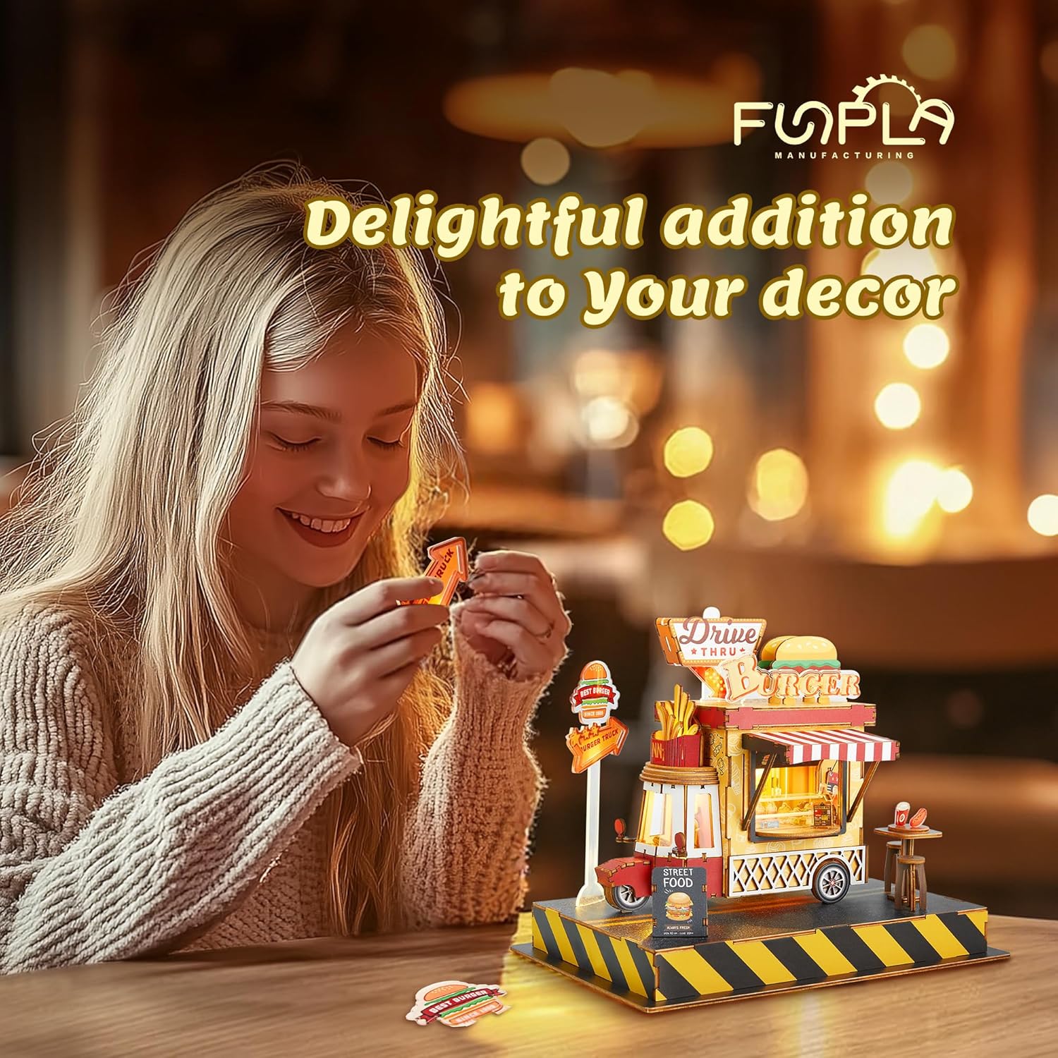 FUNPOLA 3D Wood Puzzle Travel Truck Model - DIY Miniature Adventure Truck Kit with LED Lights - Creative Gift for Kids and Adults(Travel Truck)