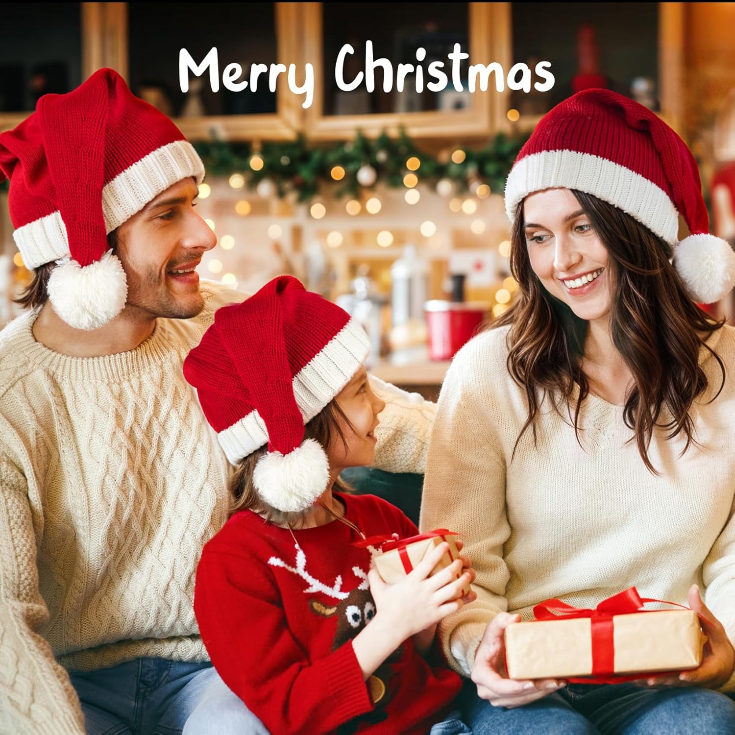 Santa Hat Christmas Hat Xmas Adult Women Men Washable Fade-restant Knitted Soft Warm Long