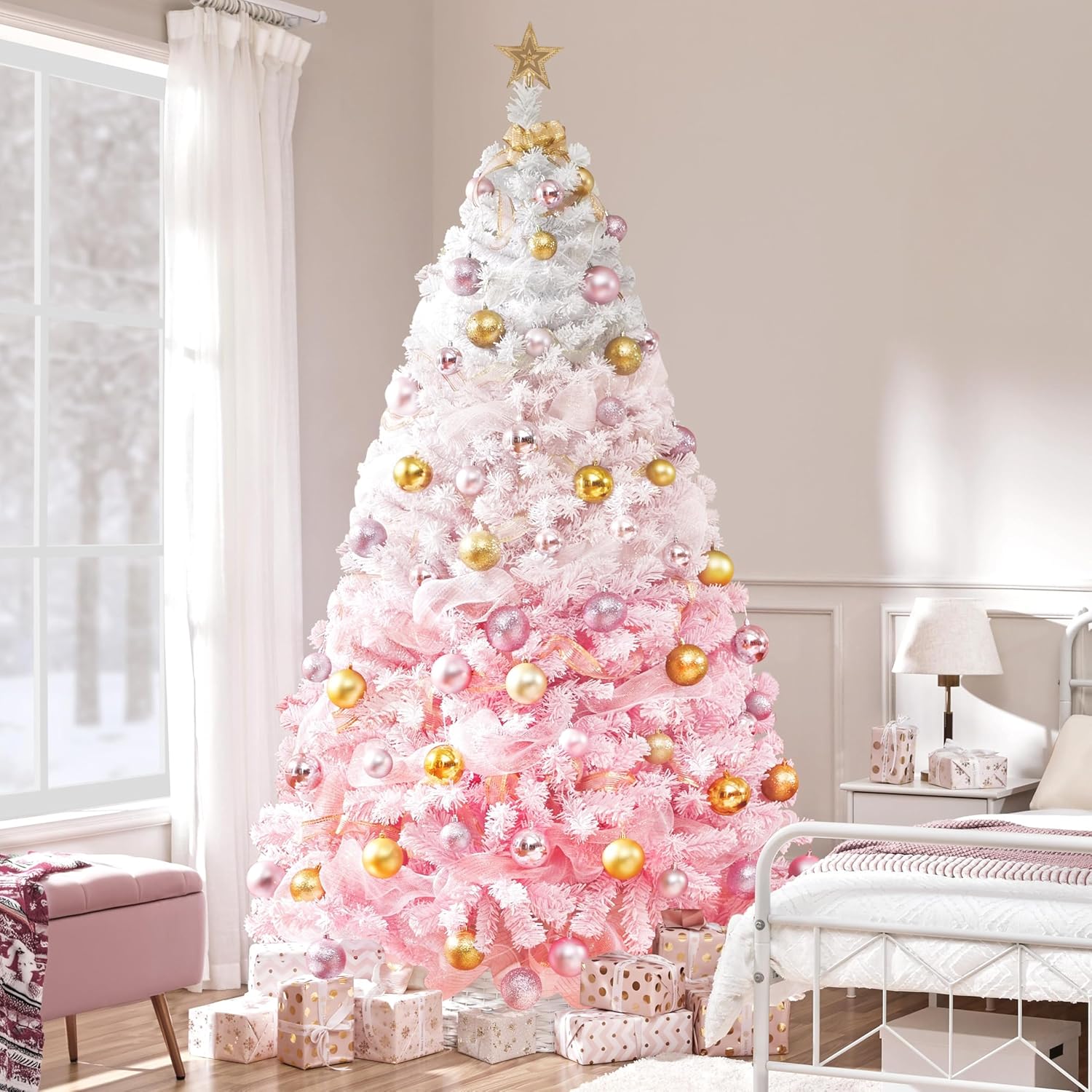 6ft Snow Flocked Pre-lit Christmas Tree with 250 Warm White Lights, 820 Lush Branch Tips & Quick-Assembly Hinged Design, Full Artificial Xmas Tree for Winter Holiday Décor, Green & White