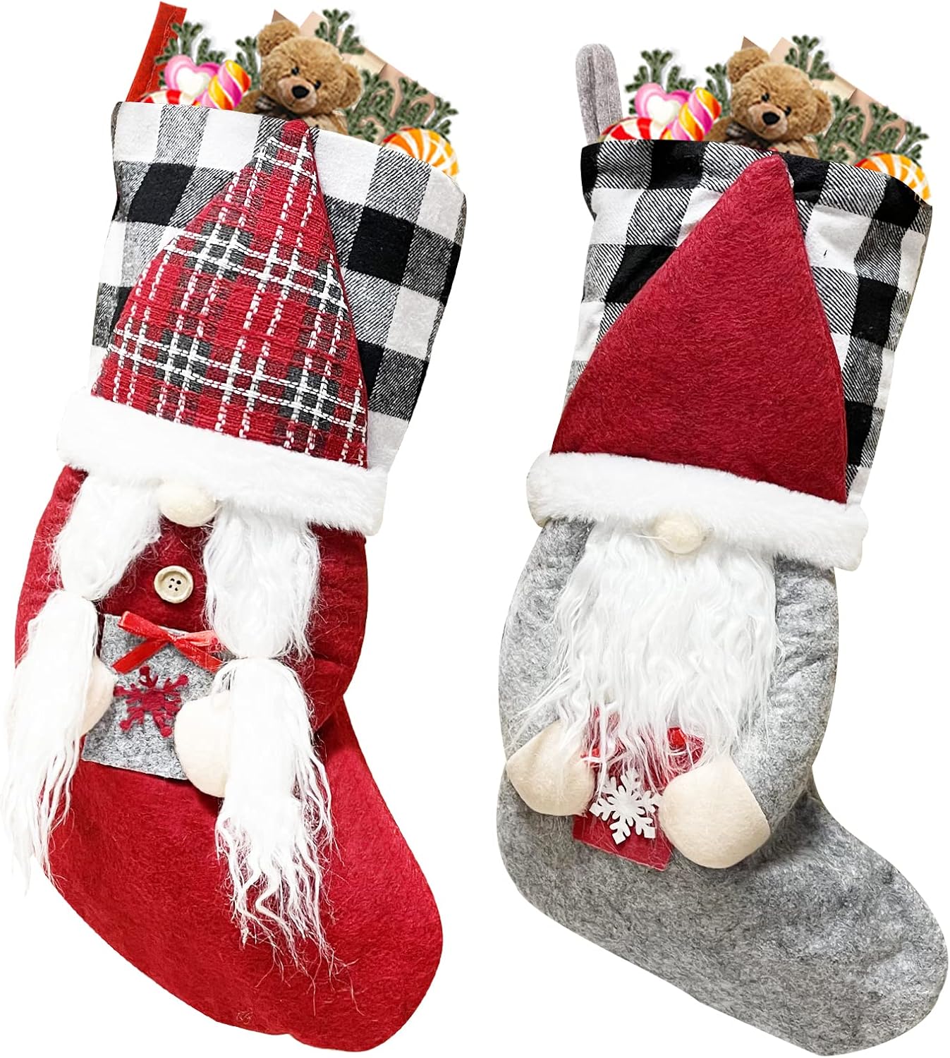 Meajore 2 Pcs Christmas Stockings New Set, 3D Gnomes Santa Christmas Stockings Personalized (18inch) Soft Classic Red and Grey Fireplace Hanging for Family Holiday Xmas Party Decorations