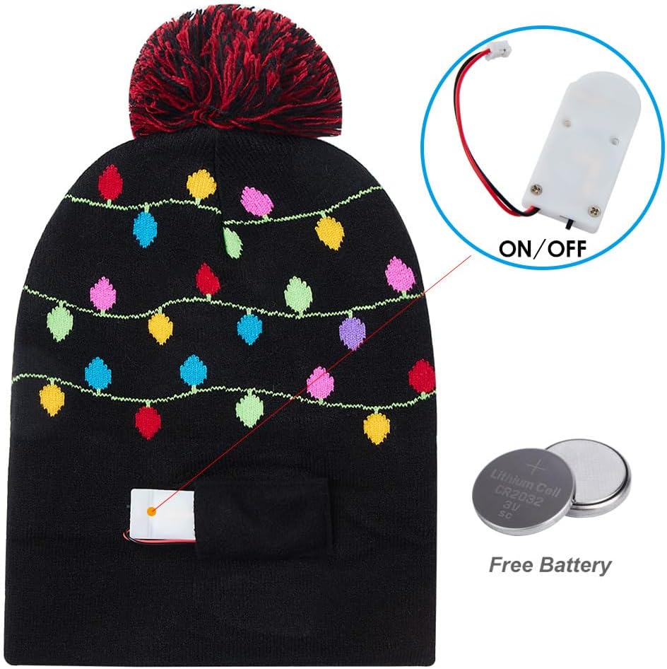 Unisex Ugly LED Christmas Hat Novelty Colorful Light-up Stylish Knitted Sweater Xmas Party Beanie Cap(6 Lights)