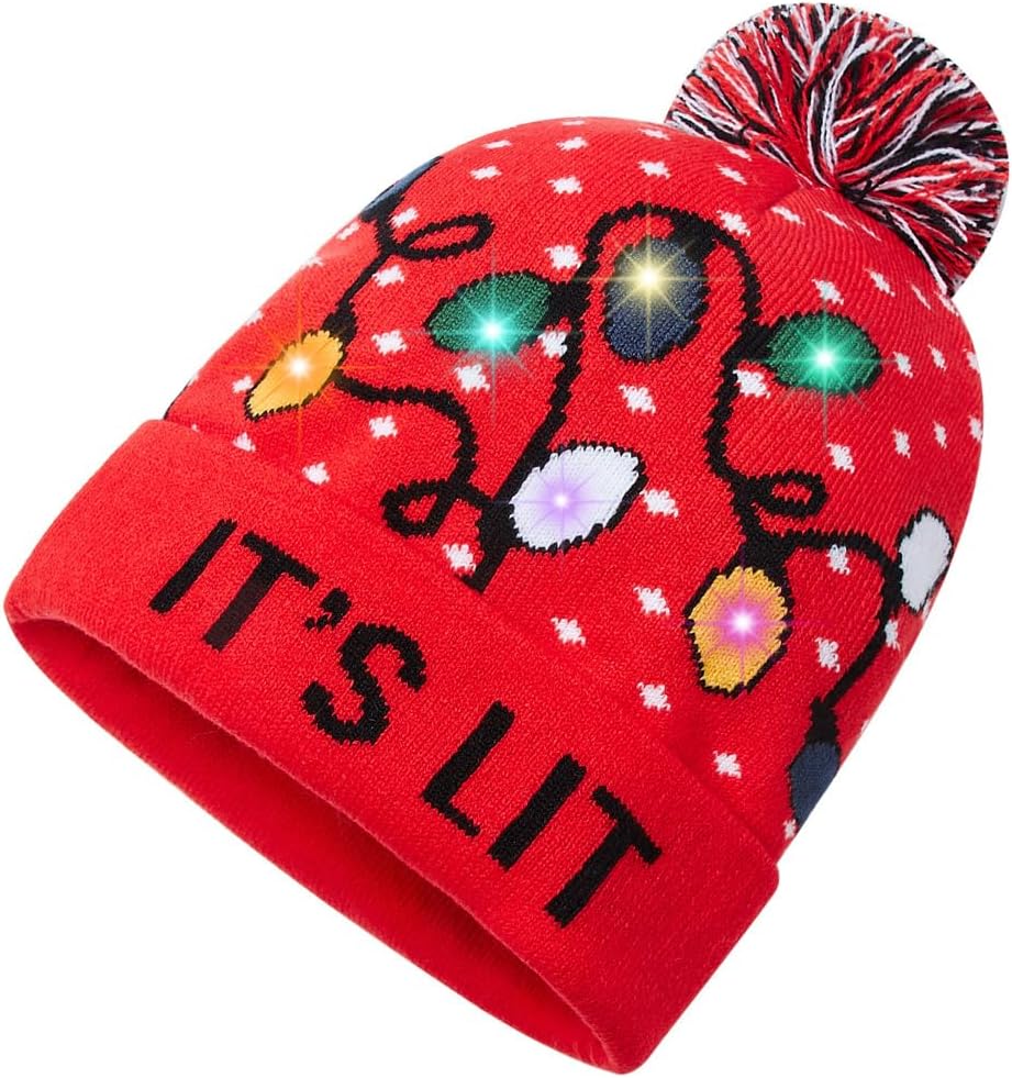 Unisex Ugly LED Christmas Hat Novelty Colorful Light-up Stylish Knitted Sweater Xmas Party Beanie Cap(6 Lights)