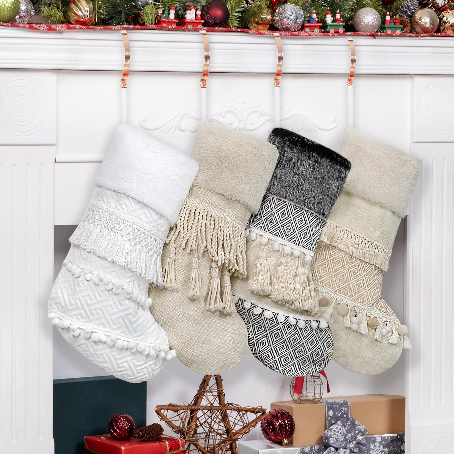 BHD BEAUTY Set of 6 Christmas Stockings Gray Burlap Buffalo Red Plaid Soft Faux Fur 20 Inches Lovely Embroidery Pattern for Family Decorations Hanging Ornament for Xmas Holiday Party