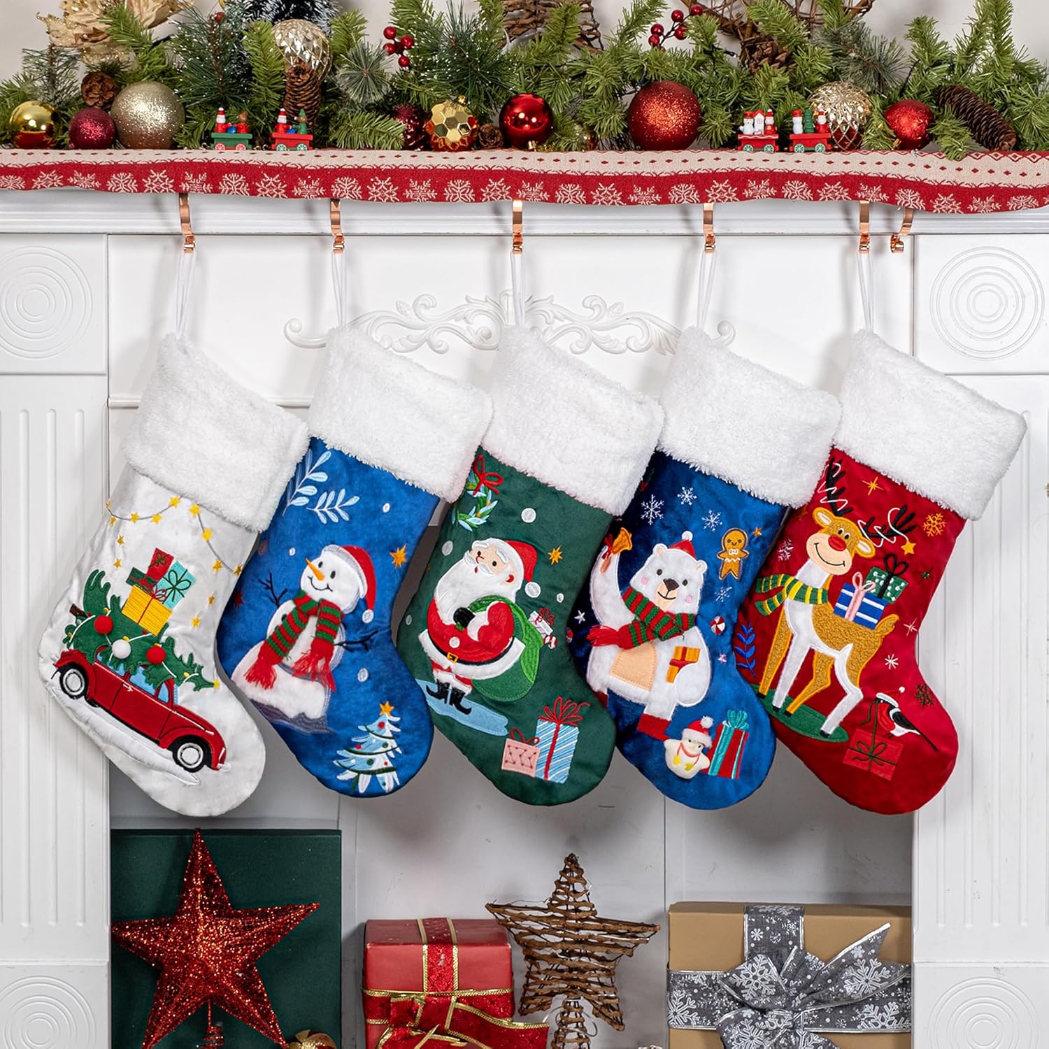 BHD BEAUTY Set of 6 Christmas Stockings Gray Burlap Buffalo Red Plaid Soft Faux Fur 20 Inches Lovely Embroidery Pattern for Family Decorations Hanging Ornament for Xmas Holiday Party