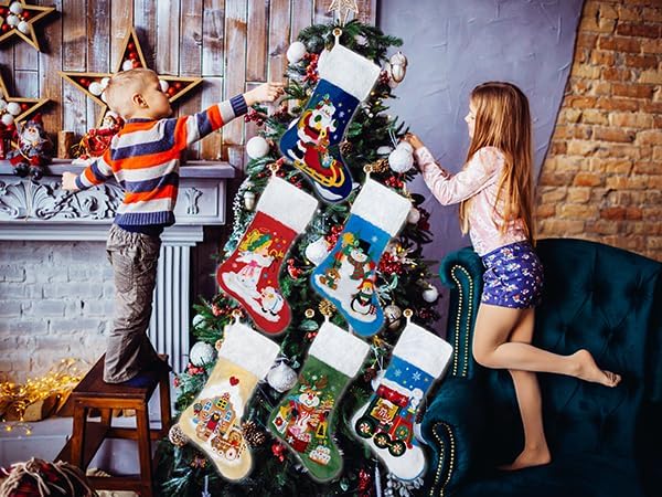 BHD BEAUTY Set of 6 Christmas Stockings Gray Burlap Buffalo Red Plaid Soft Faux Fur 20 Inches Lovely Embroidery Pattern for Family Decorations Hanging Ornament for Xmas Holiday Party