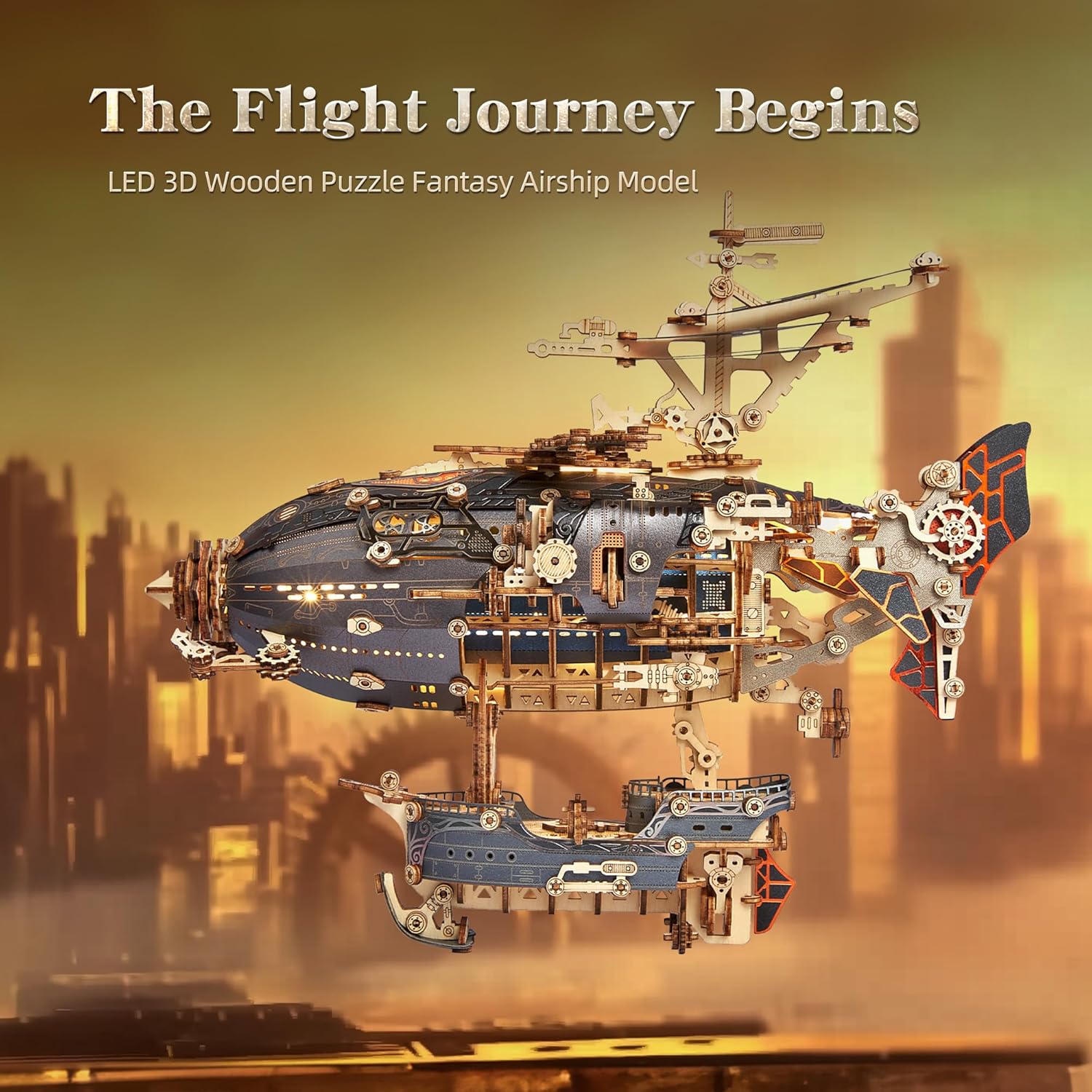 FUNPOLA LED 3D Wood Puzzle Fantasy Airship Model - Steampunk DIY Craft Kit with LED Lights – Intricate Wooden Airship Model Building Set for Teens and Adults(White)