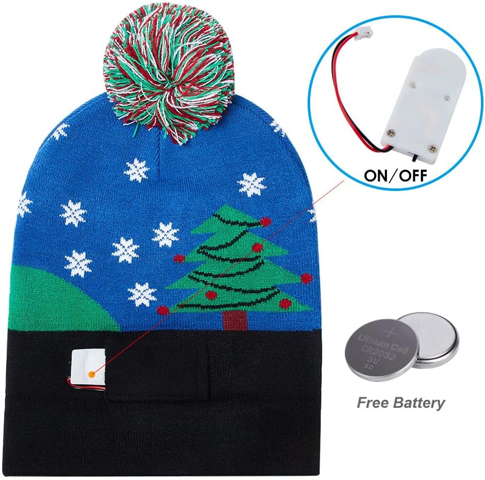 Unisex Ugly LED Christmas Hat Novelty Colorful Light-up Stylish Knitted Sweater Xmas Party Beanie Cap(6 Lights)