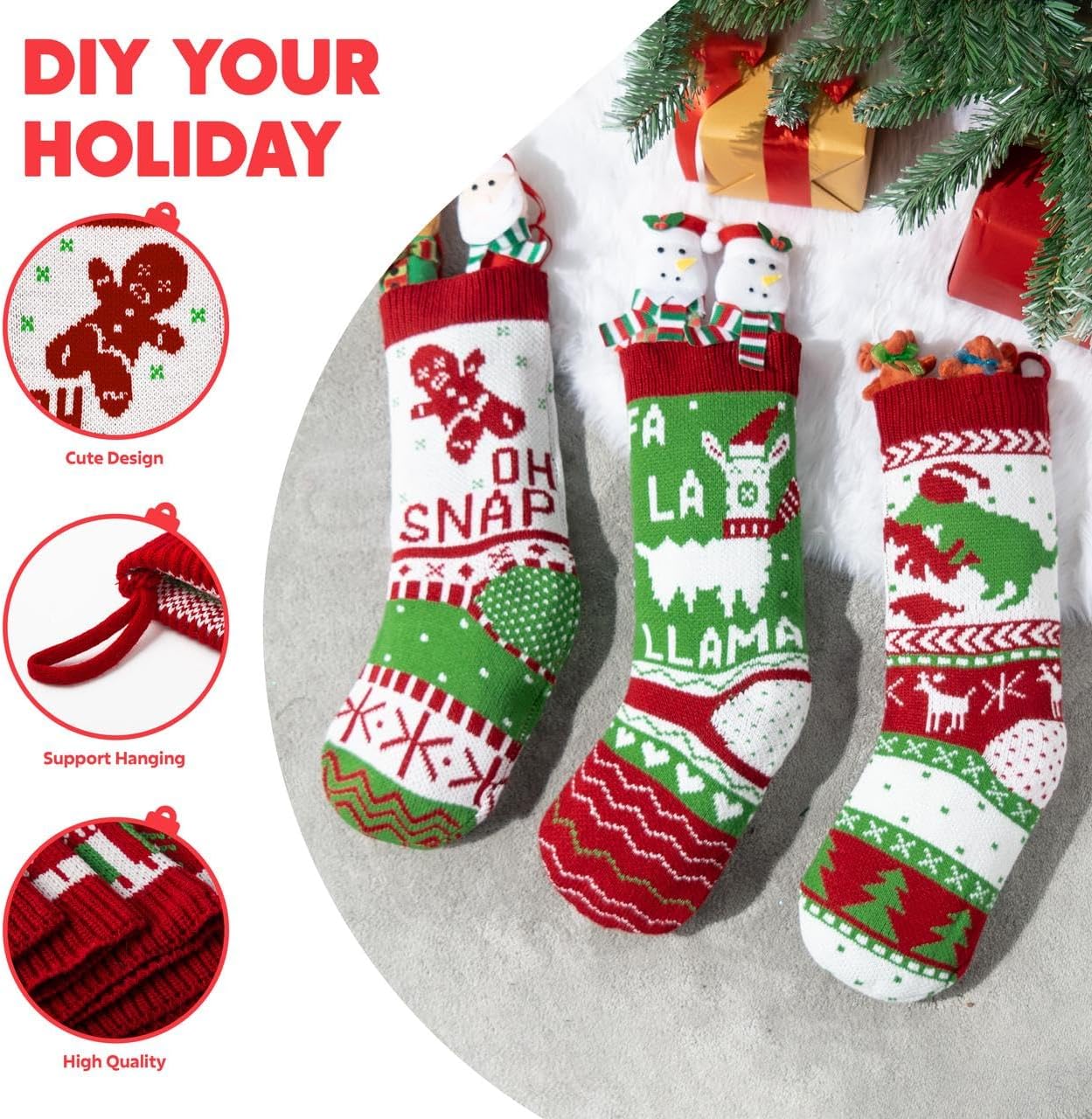 JOYIN 3 Pack 18” Christmas Stockings, Large Size Rustic Cable Knit Xmas Stocking in Red & Green, for Family Holiday Season Decorations